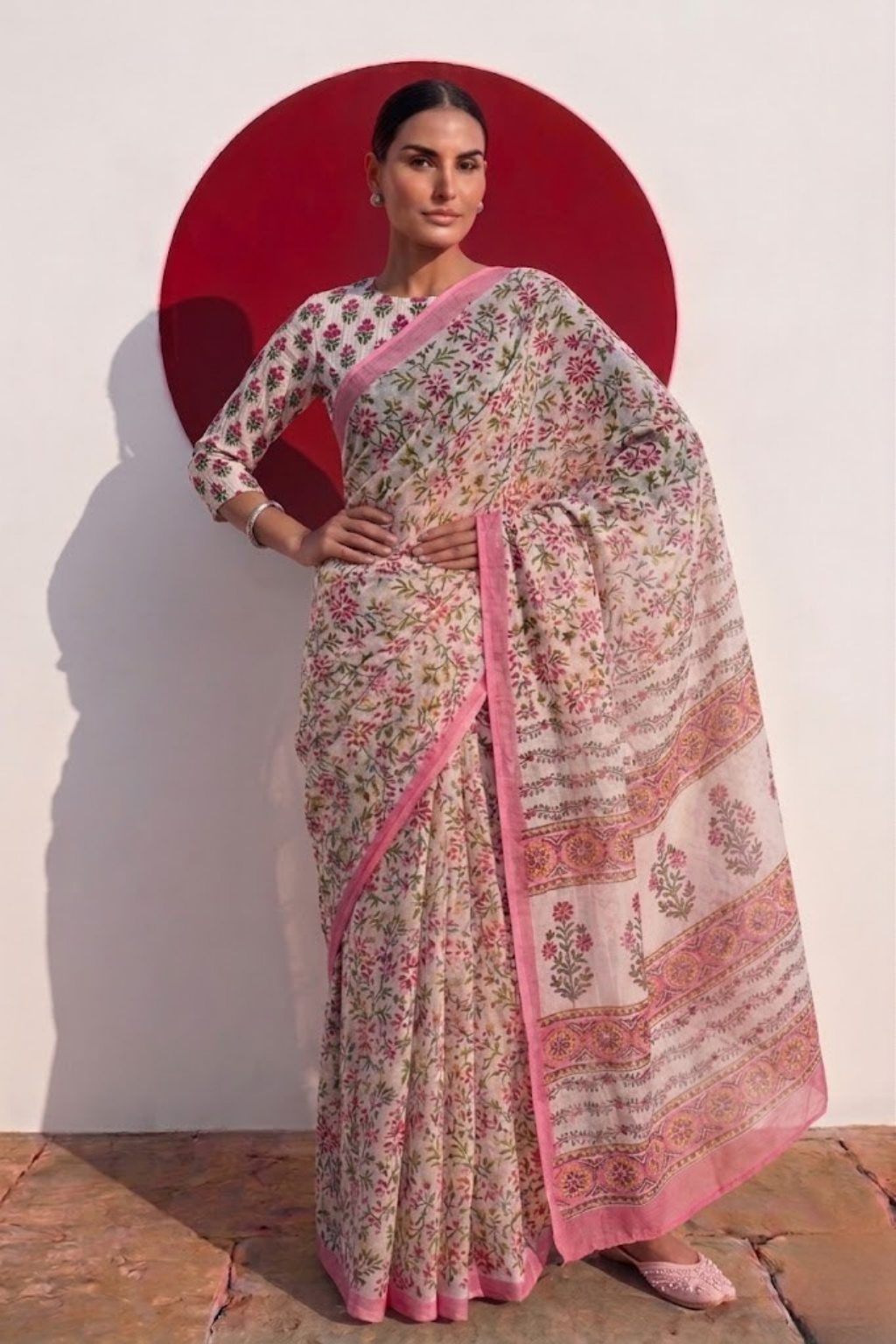 Pink Pure Silk Chiffon Printed Saree with Blouse Fabric
