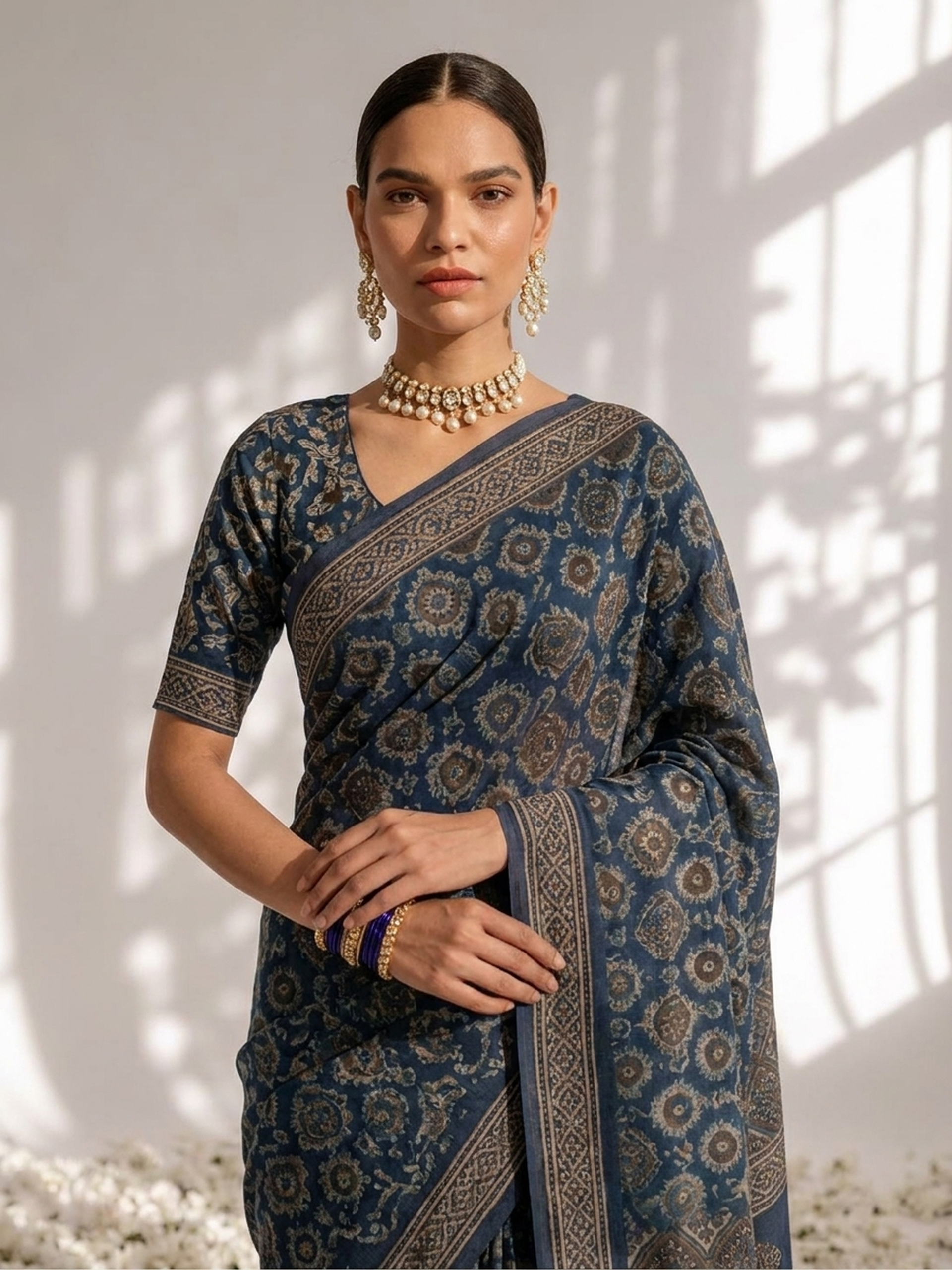 Modal Silk blue Printed Hand Block Printed Saree with Blouse Fabric