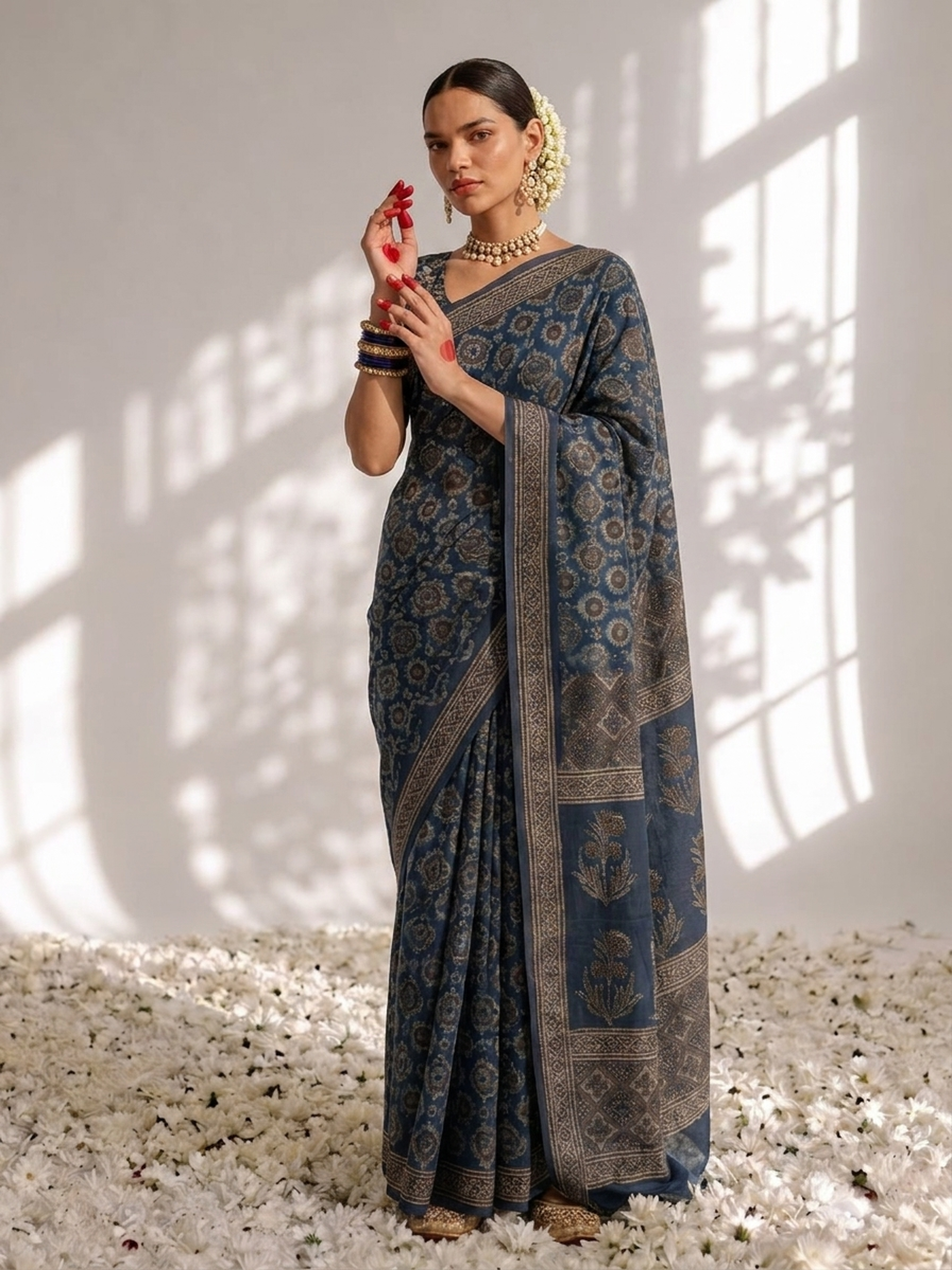 Modal Silk blue Printed Hand Block Printed Saree with Blouse Fabric