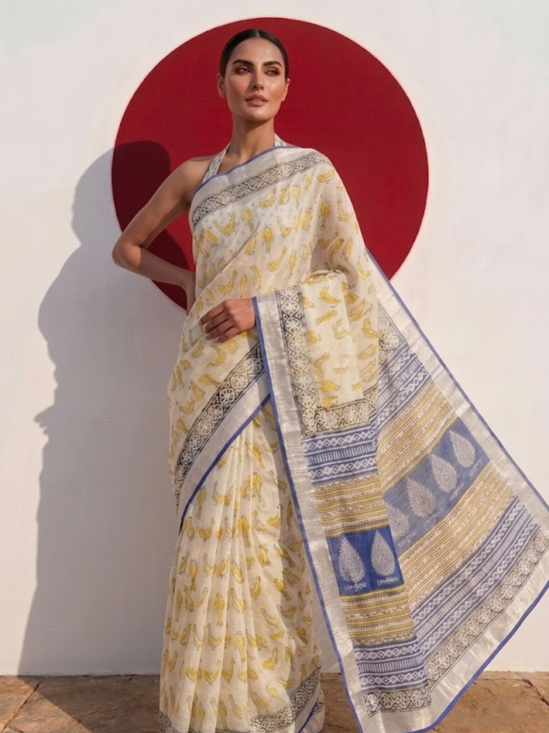 Cream and Blue Yellow Hand Printed Soft Cotton Saree with Blouse Fabric