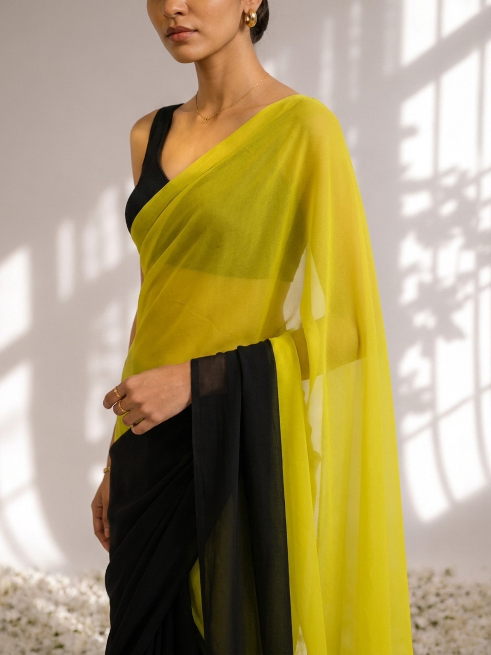 Black and Yellow Georgette Triangle Saree with Blouse Fabric