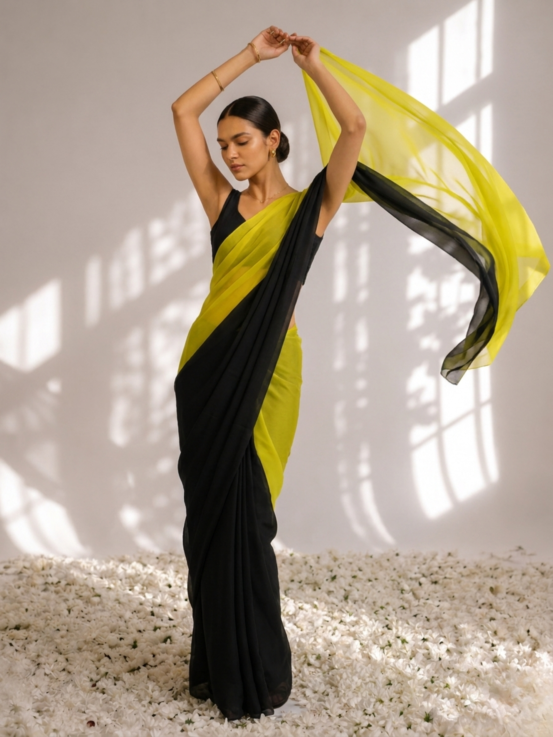 Black and Yellow Georgette Triangle Saree with Blouse Fabric