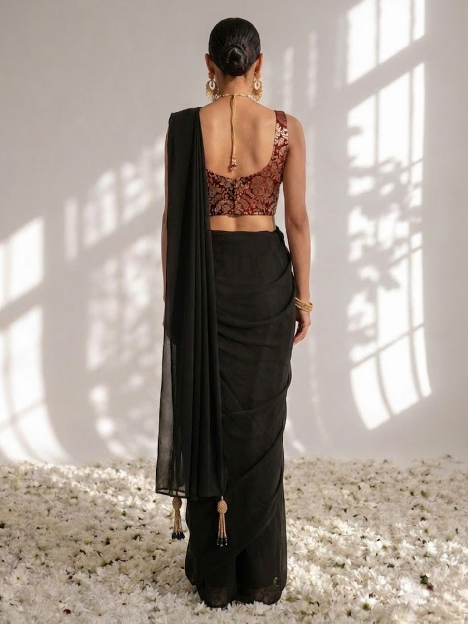 With Stitched Blouse - Maroon Brocade Blouse with Black Chiffon Saree (Blouse has sleeve attached)