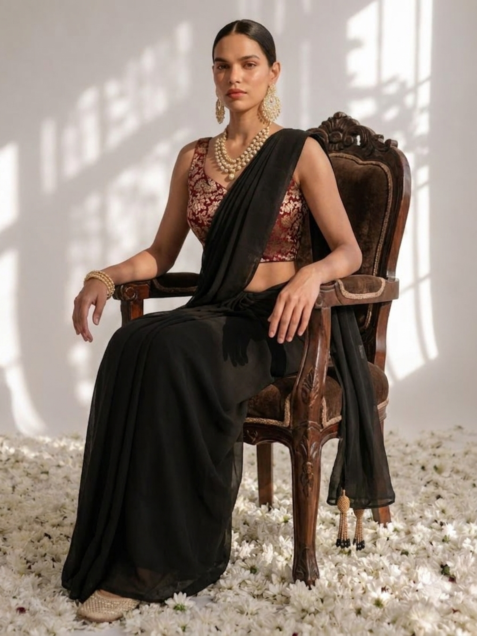 With Stitched Blouse - Maroon Brocade Blouse with Black Chiffon Saree (Blouse has sleeve attached)