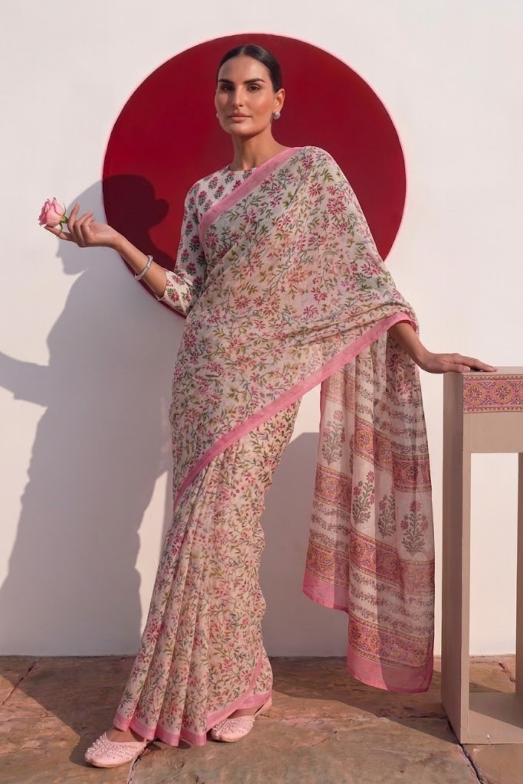 Pink Pure Silk Chiffon Printed Saree with Blouse Fabric