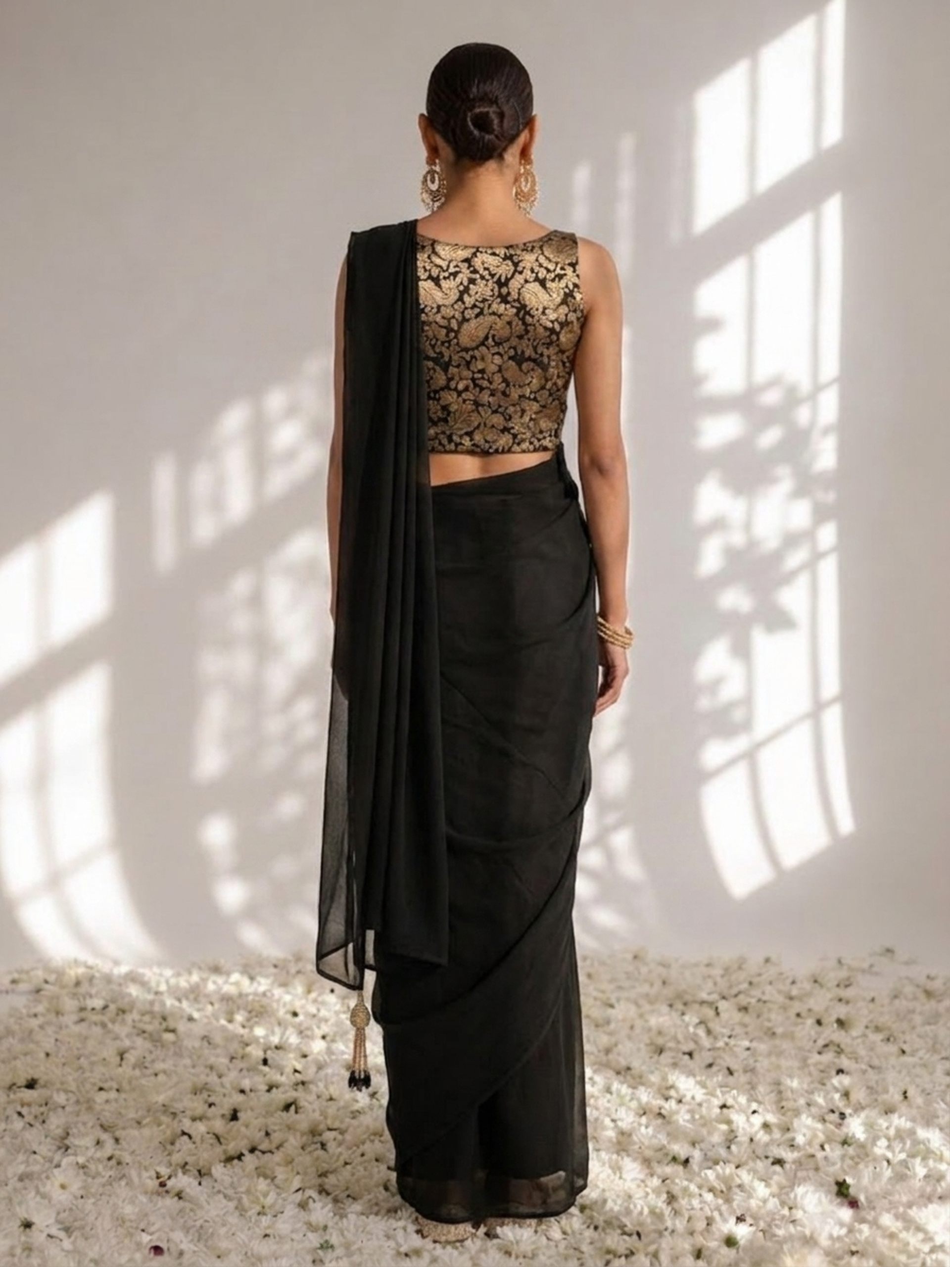 With Stitched Blouse - Black Brocade Blouse with Black Chiffon Saree (Blouse has sleeve attached)