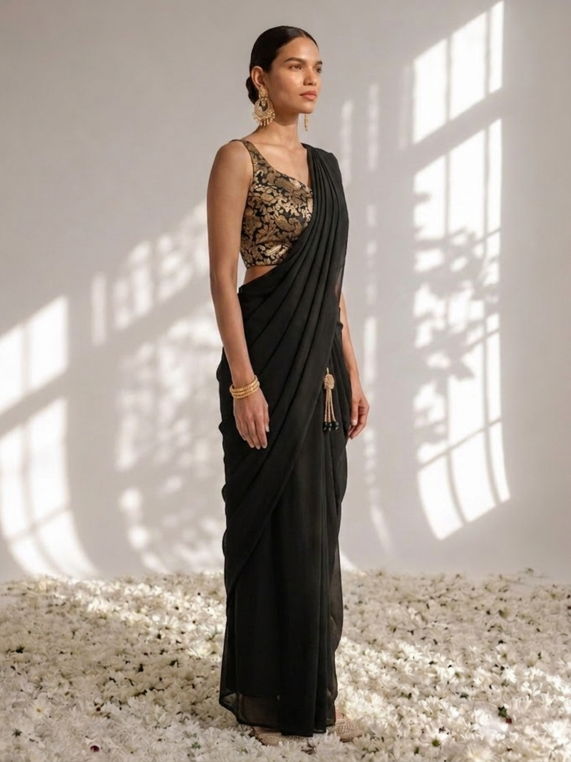 With Stitched Blouse - Black Brocade Blouse with Black Chiffon Saree (Blouse has sleeve attached)