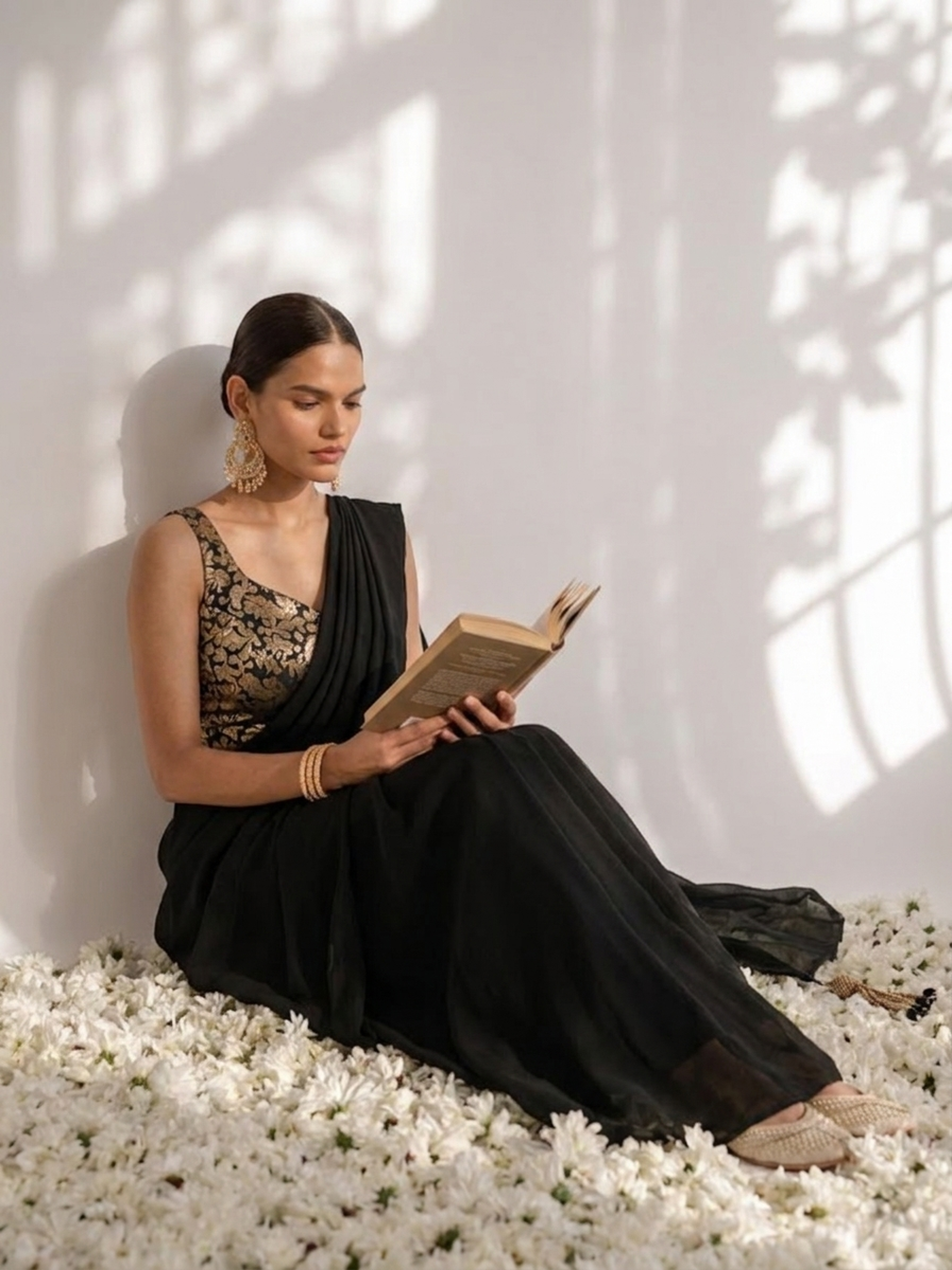 With Stitched Blouse - Black Brocade Blouse with Black Chiffon Saree (Blouse has sleeve attached)