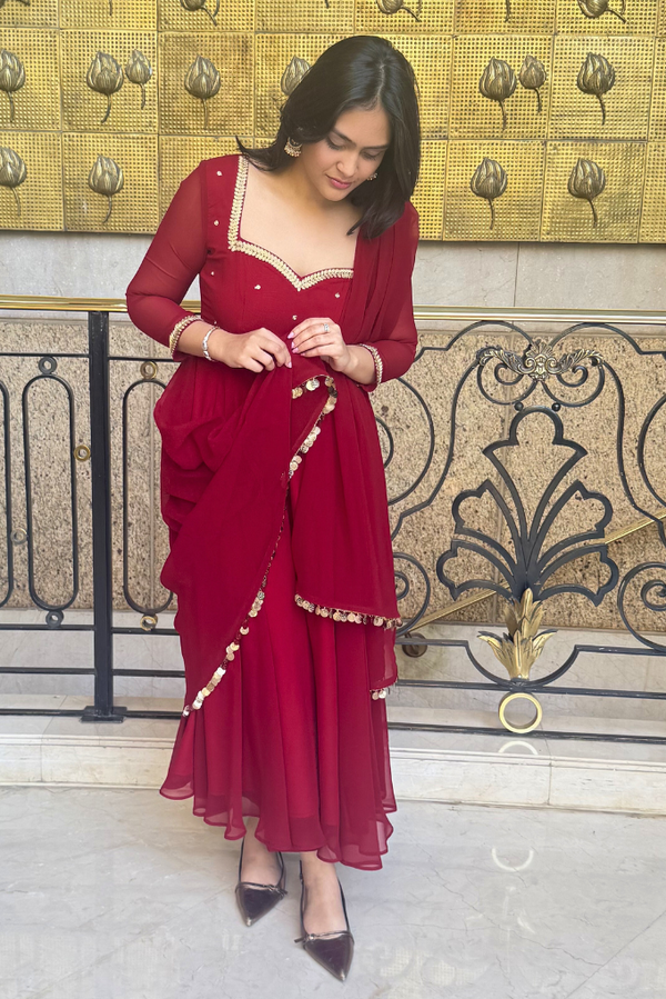 3 pc Suit Set -Maroon Embroidered Georgette Anarkali 3/4th Sleeve Suit with Pants and Dupatta