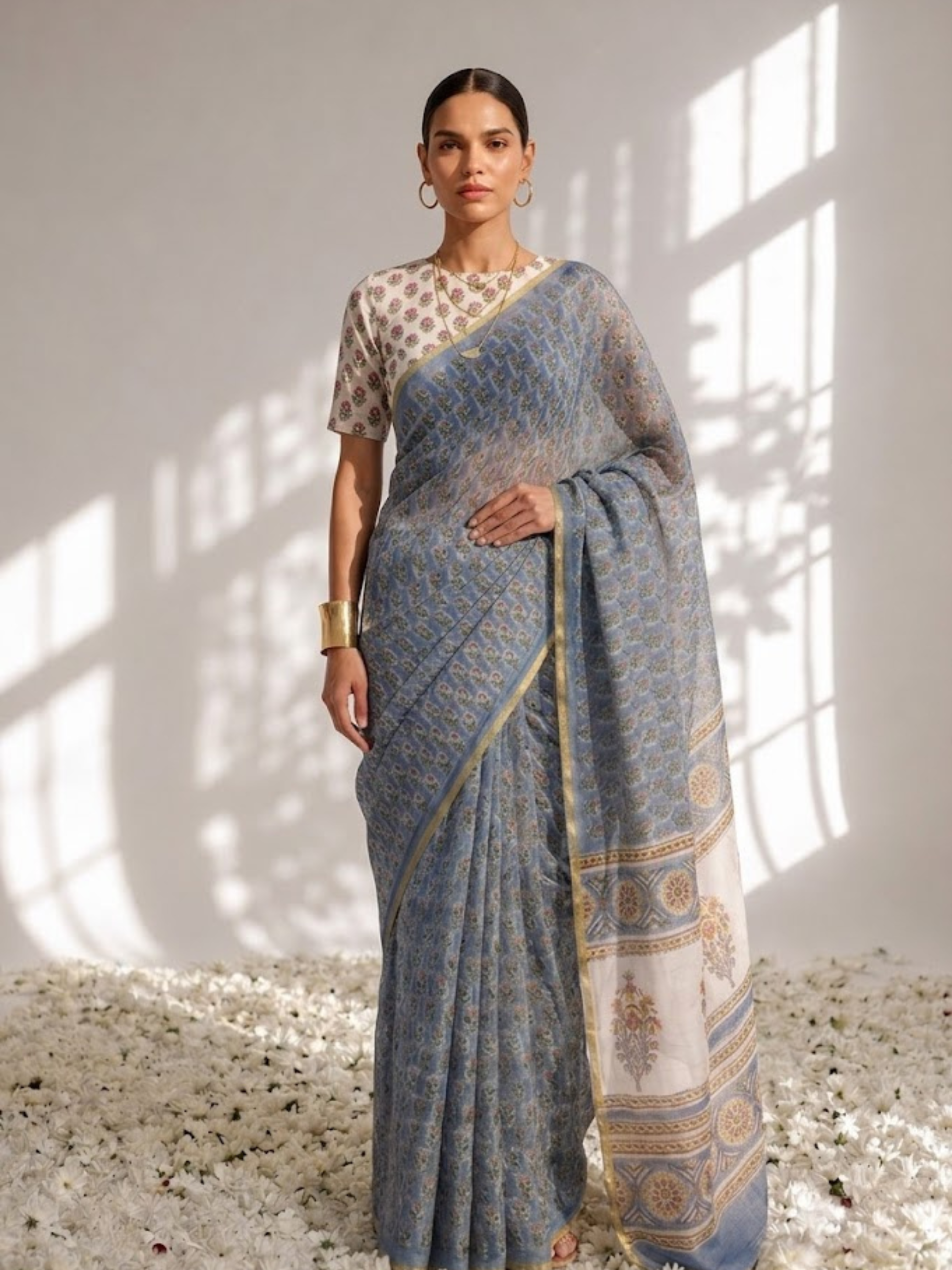 Blue Pure Silk Chiffon Printed Saree with Blouse Fabric