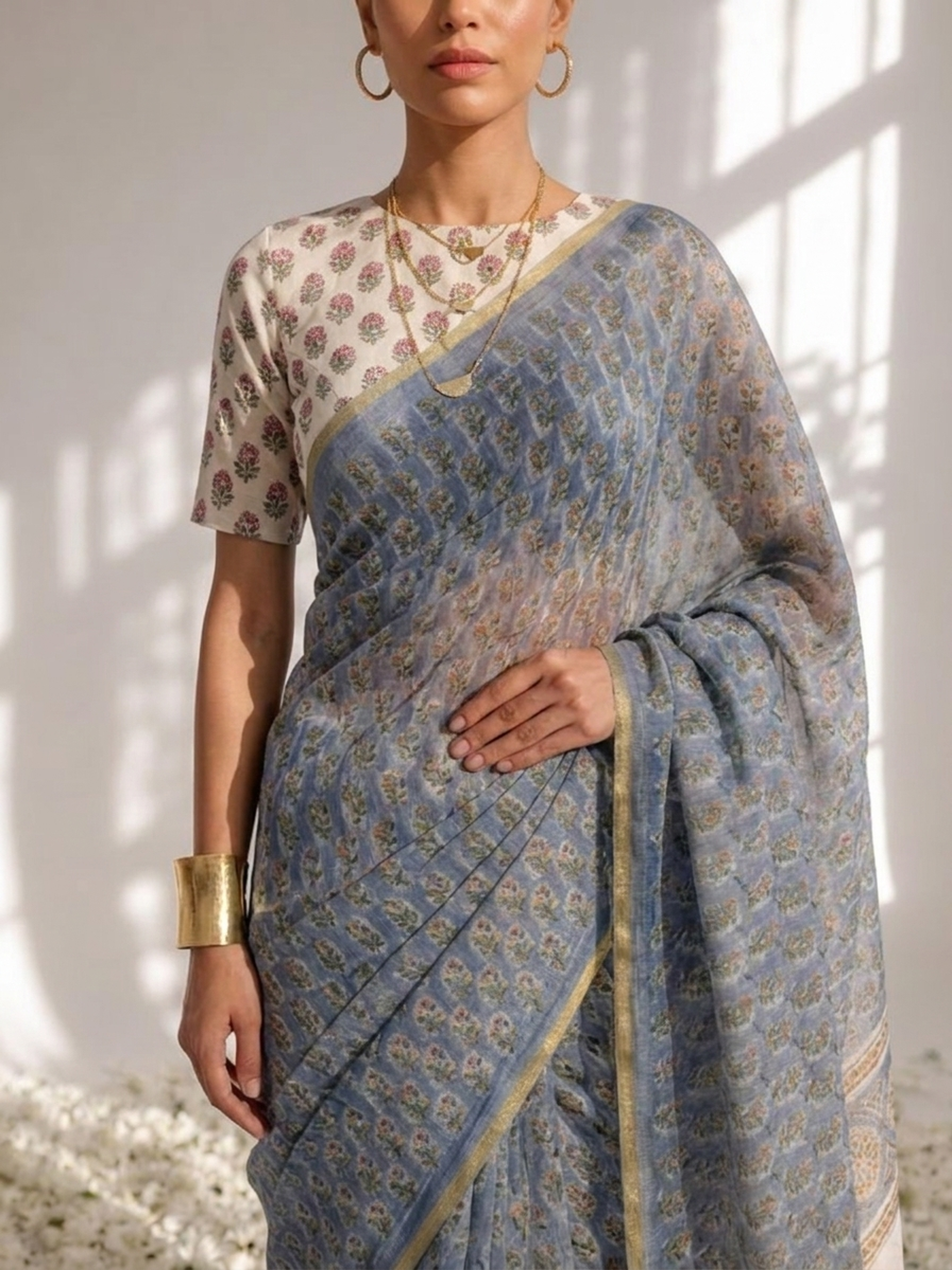 Blue Pure Silk Chiffon Printed Saree with Blouse Fabric