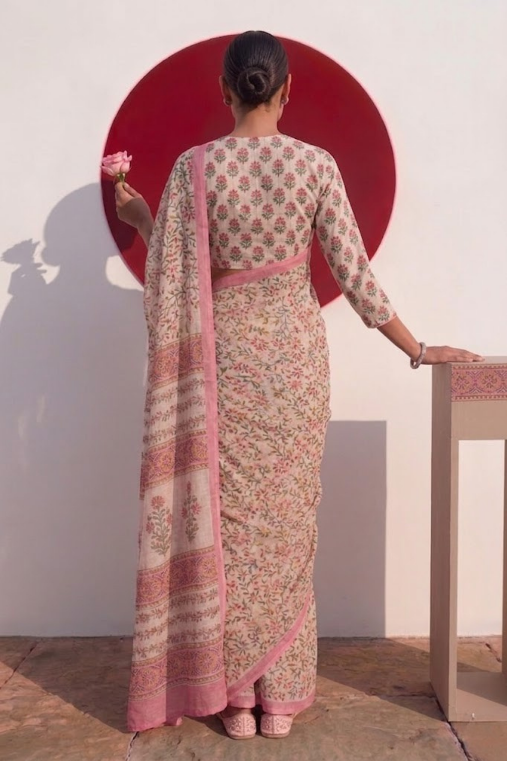 Pink Pure Silk Chiffon Printed Saree with Blouse Fabric