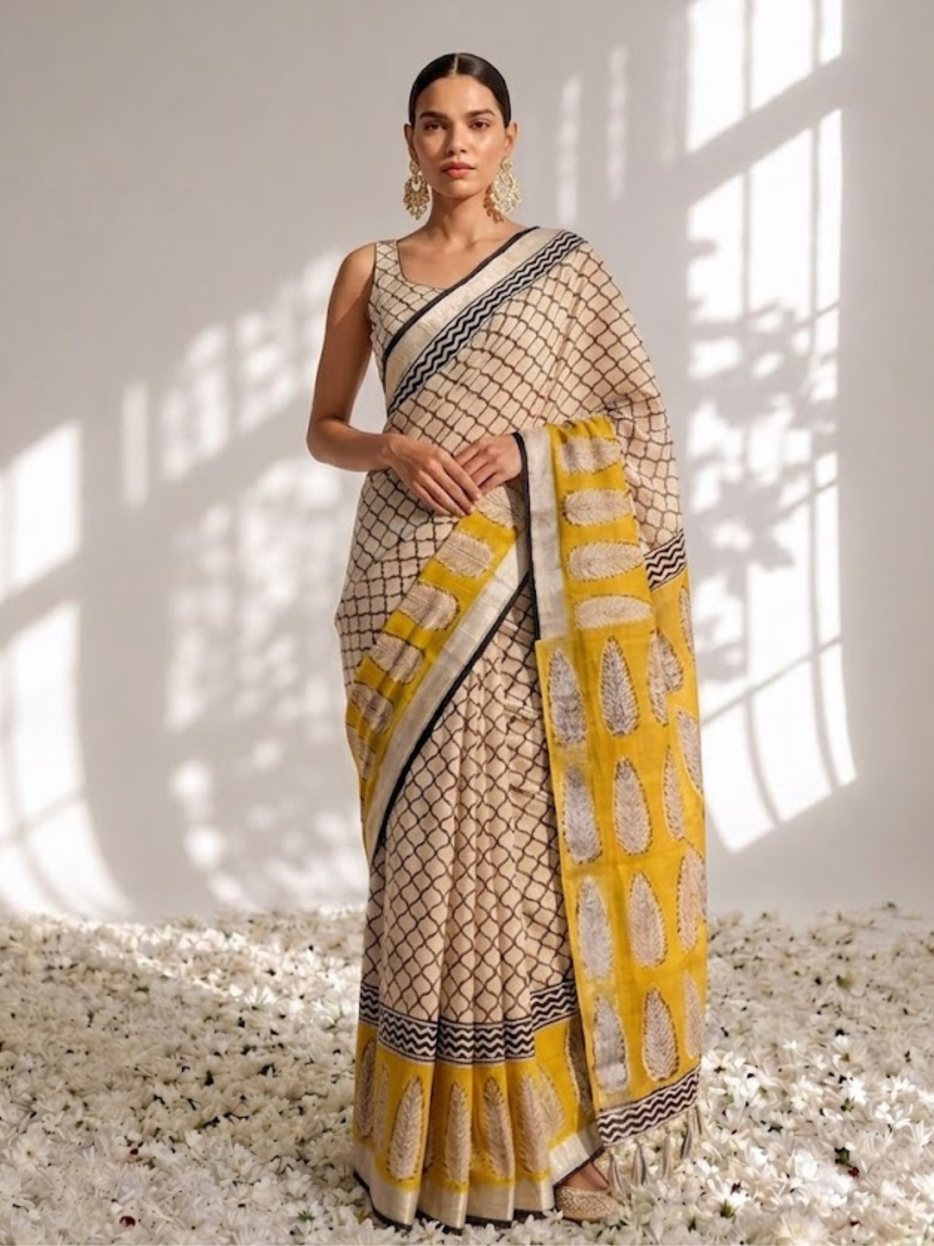Cream and Yellow Hand Printed Geometrical Soft Cotton Saree