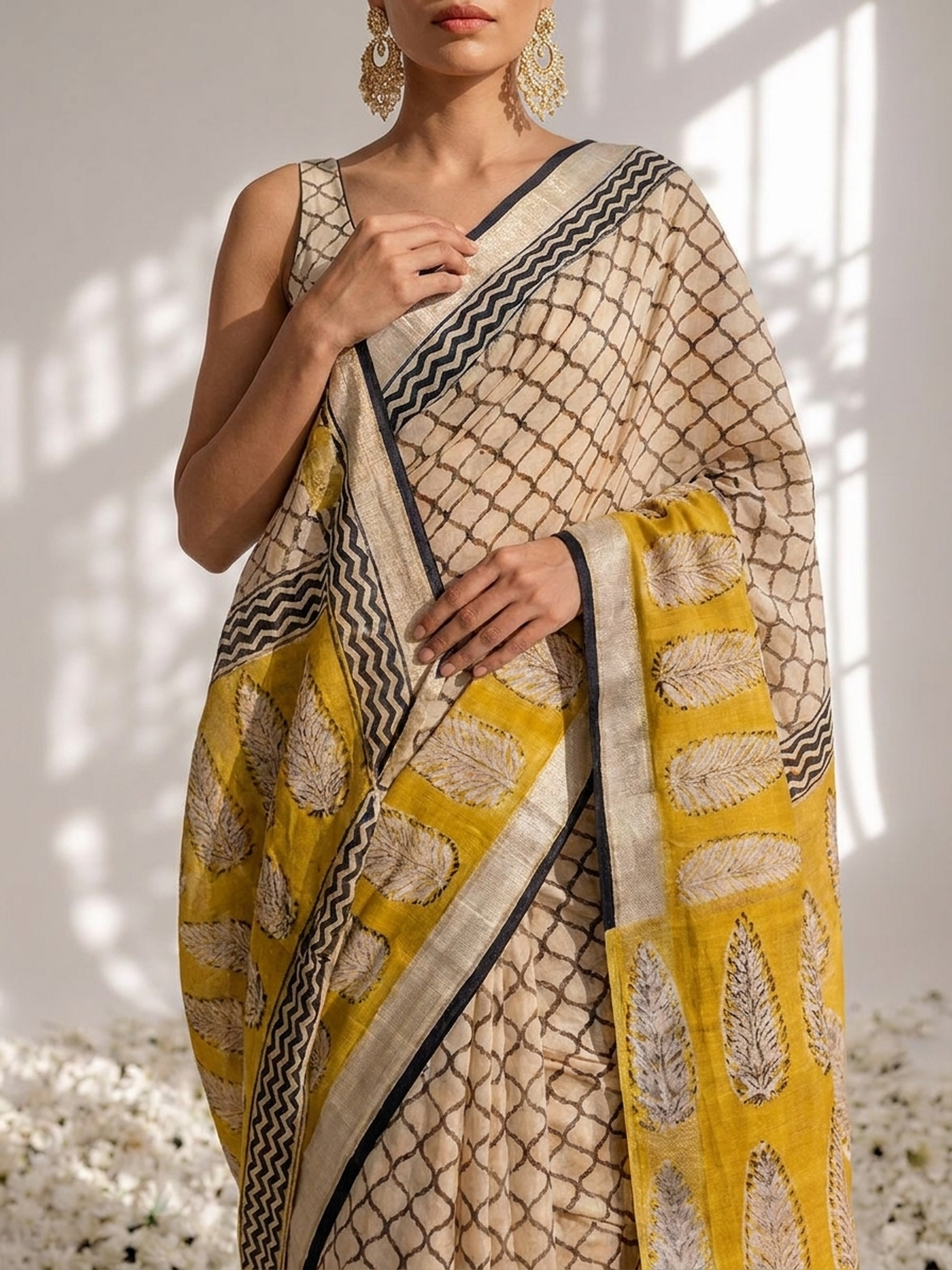 Cream and Yellow Hand Printed Geometrical Soft Cotton Saree