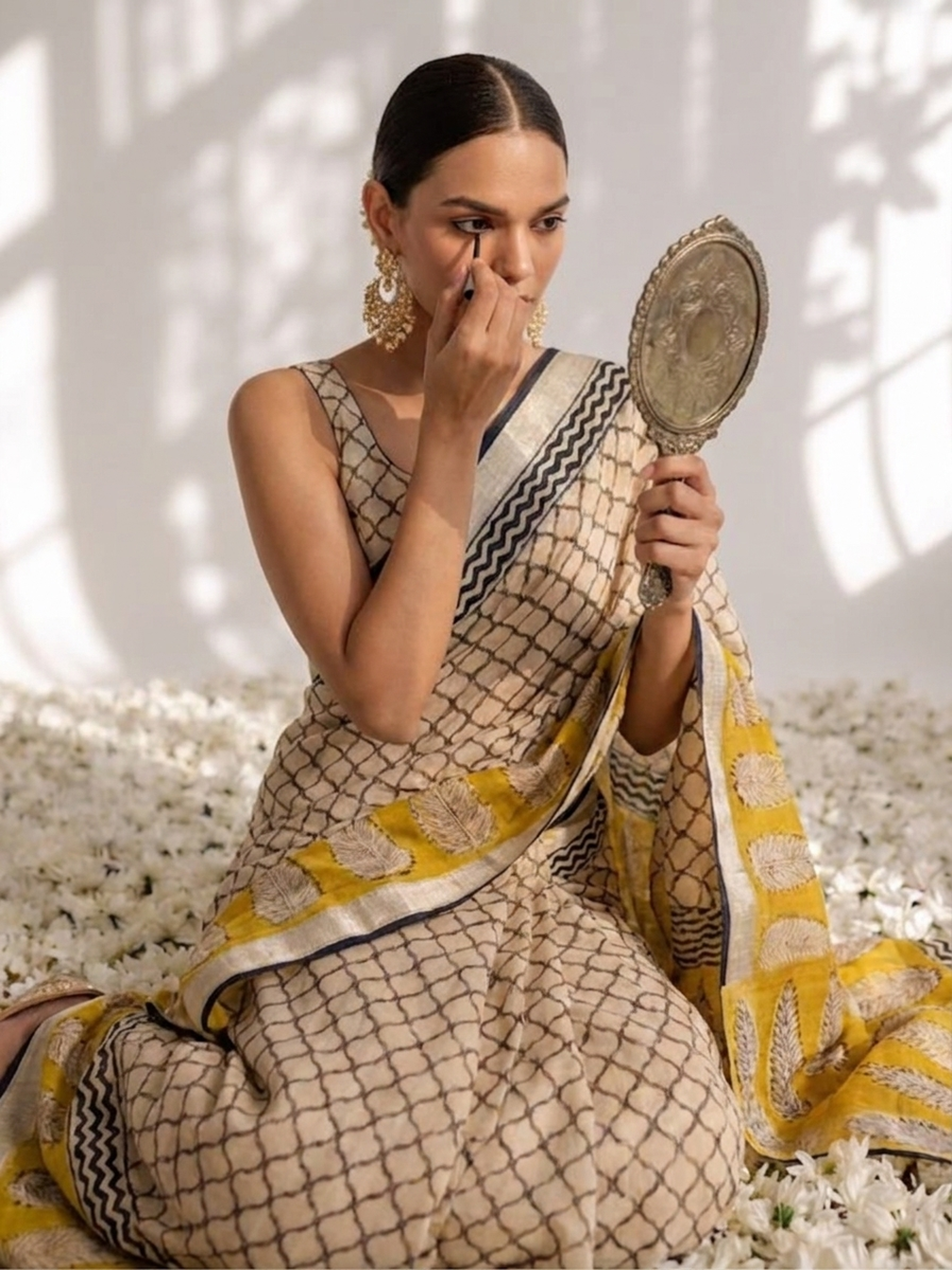 Cream and Yellow Hand Printed Geometrical Soft Cotton Saree