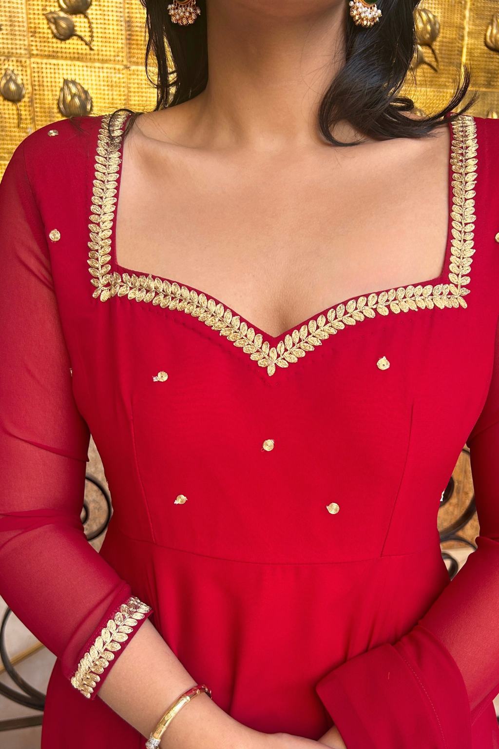 3 pc Suit Set -Maroon Embroidered Georgette Anarkali 3/4th Sleeve Suit with Pants and Dupatta