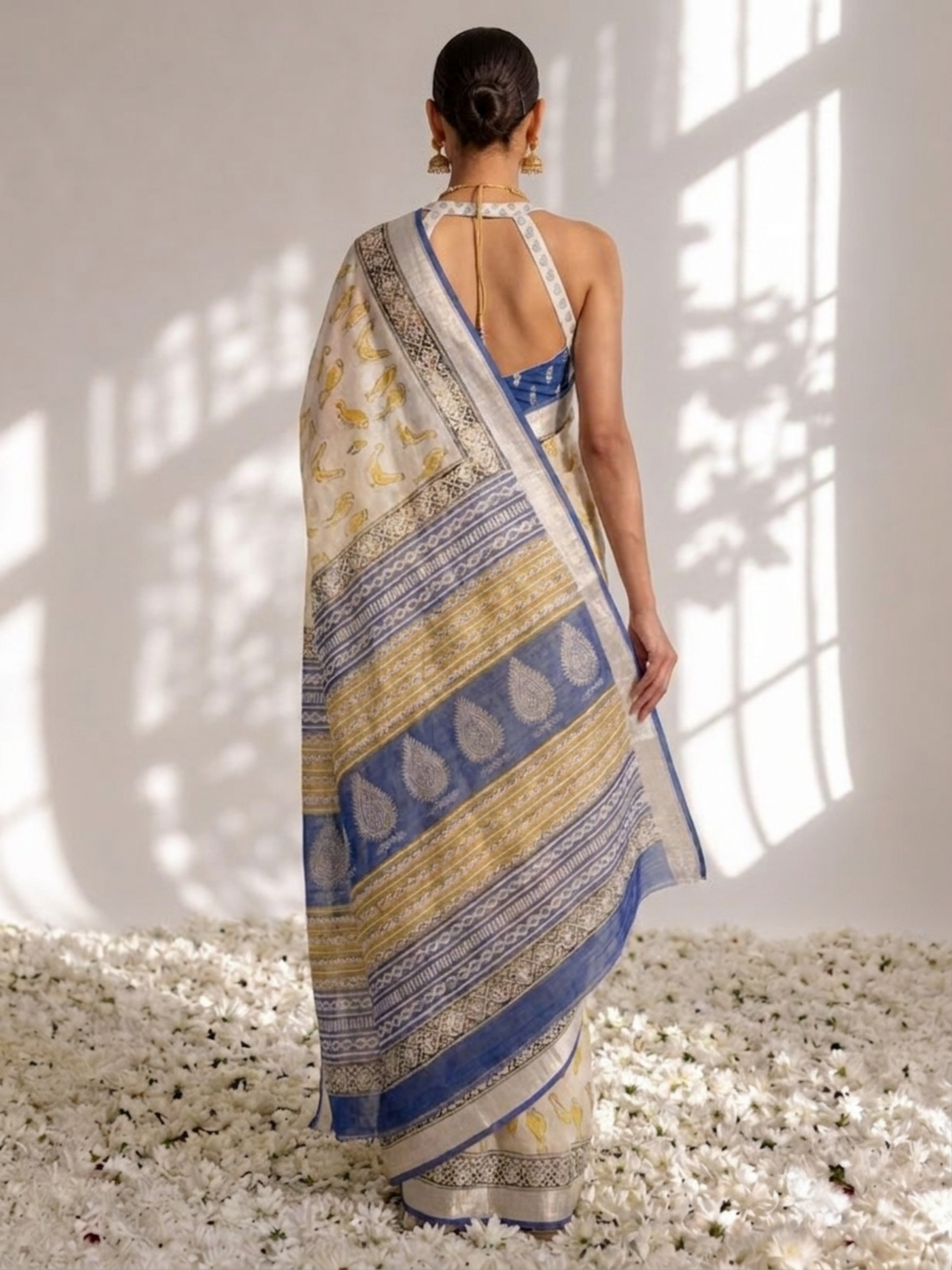 Cream and Blue Yellow Hand Printed Soft Cotton Saree with Blouse Fabric