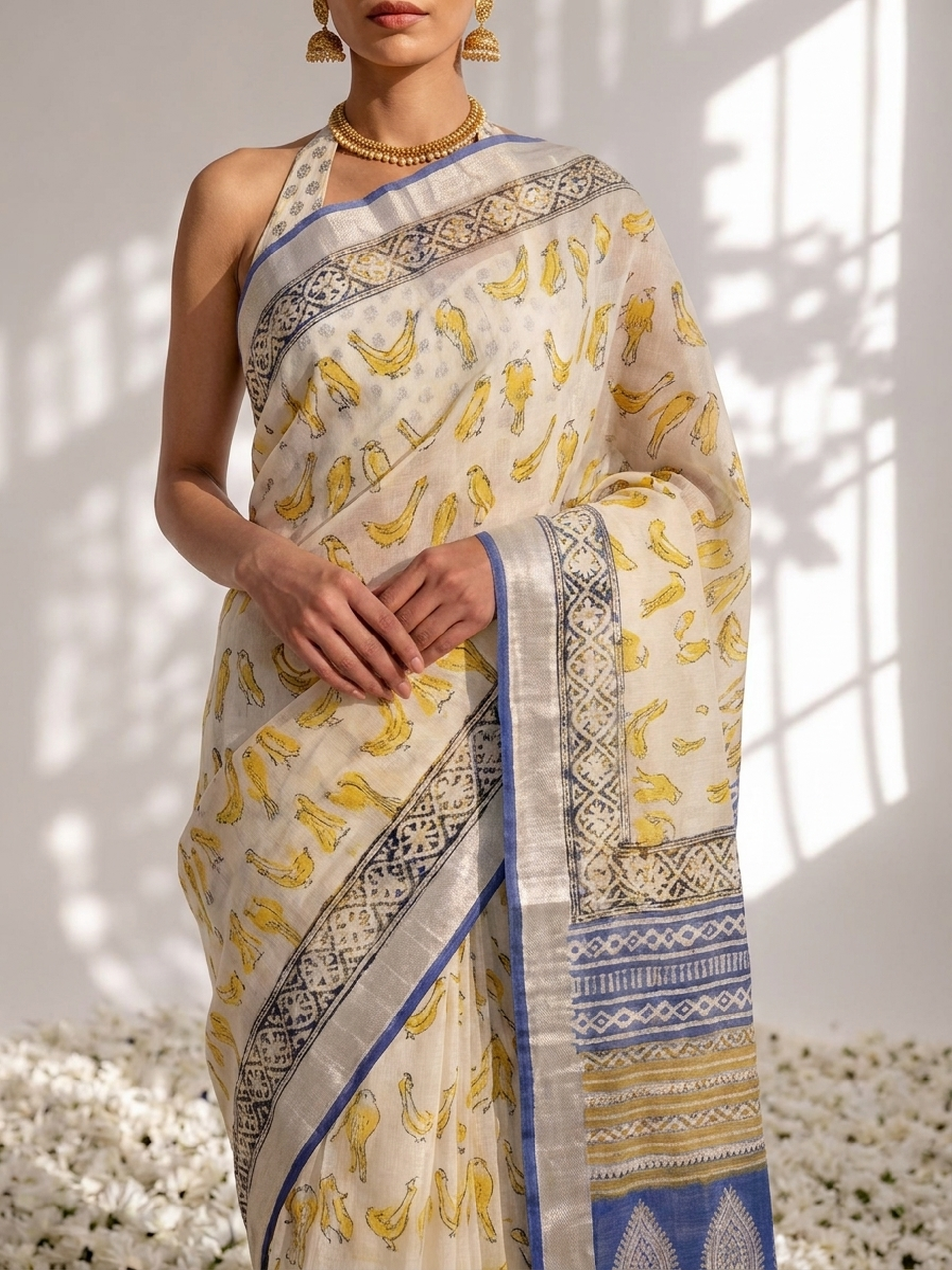 Cream and Blue Yellow Hand Printed Soft Cotton Saree with Blouse Fabric