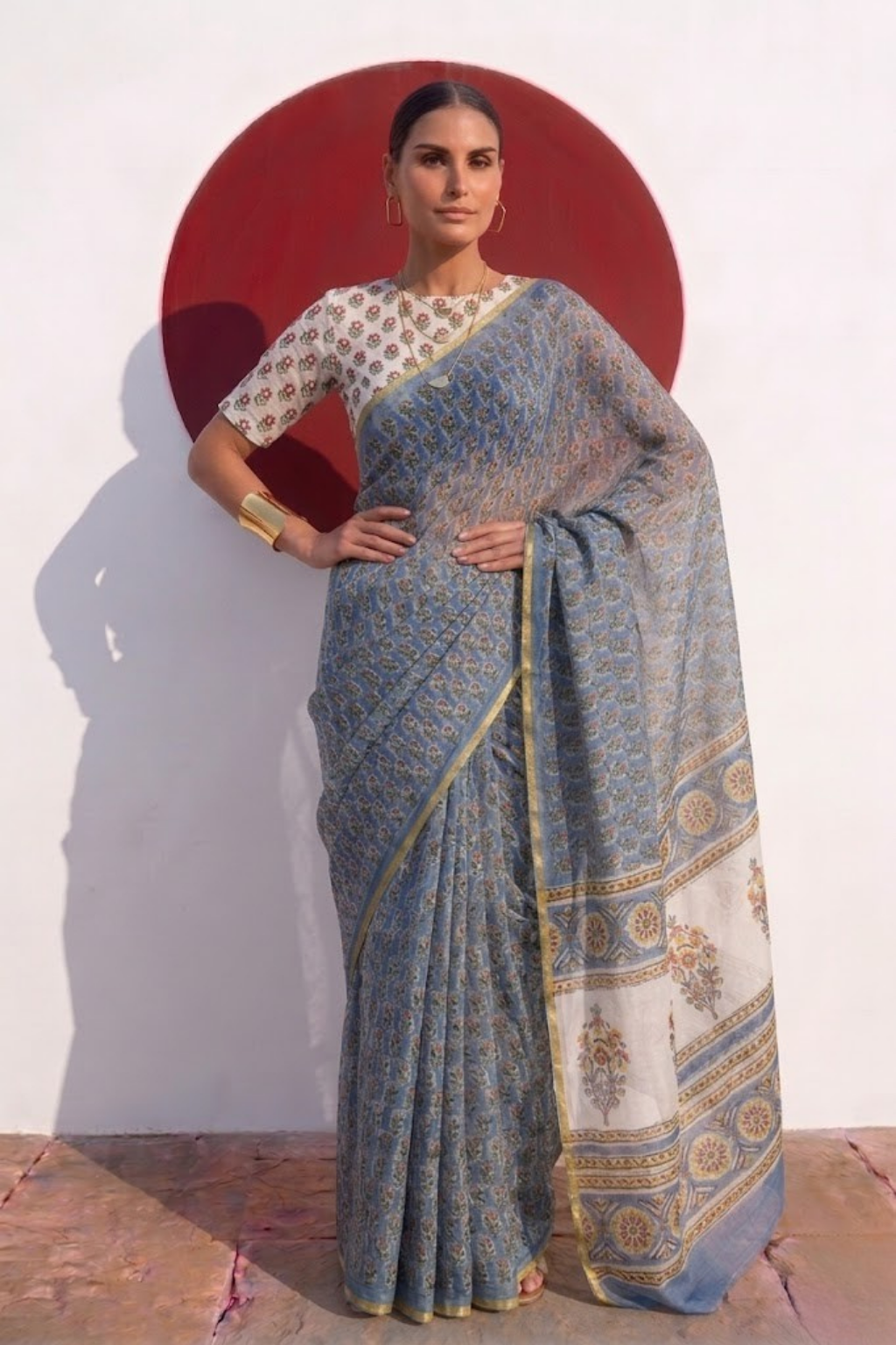 Blue Pure Silk Chiffon Printed Saree with Blouse Fabric