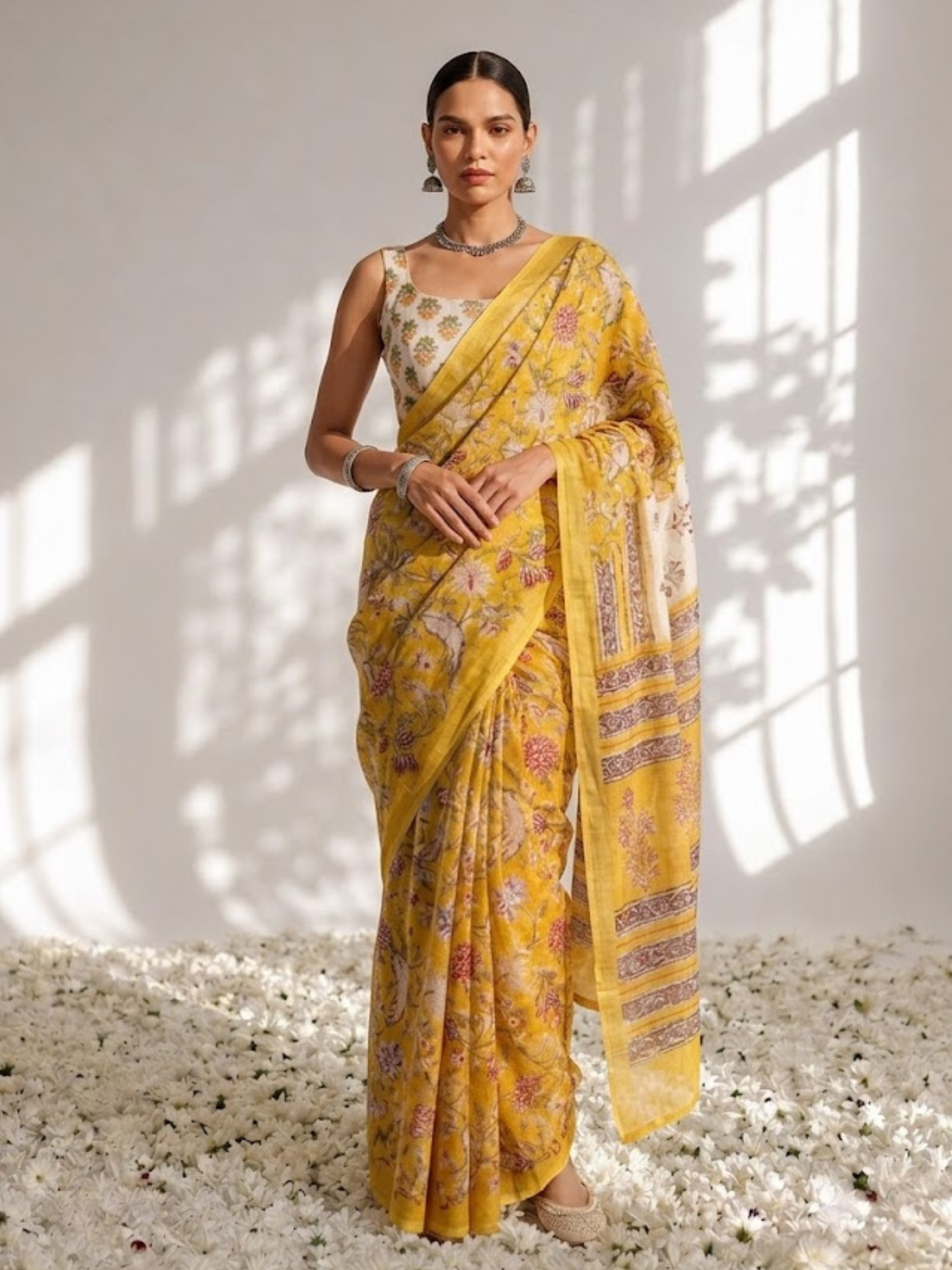 Yellow Pure Silk Chiffon Printed Saree with Blouse Fabric