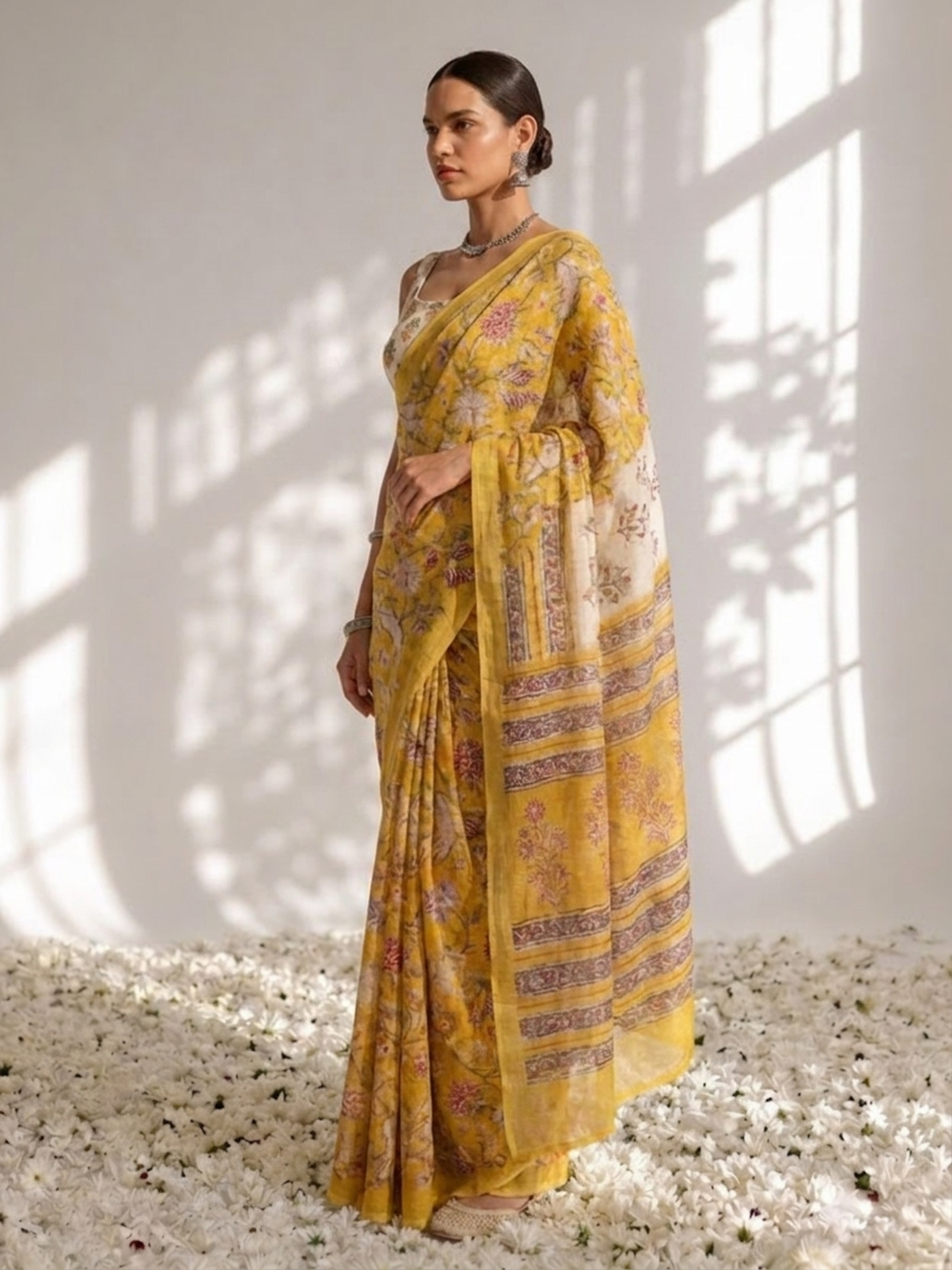 Yellow pure silk chiffon printed saree with blouse fabric — view 4