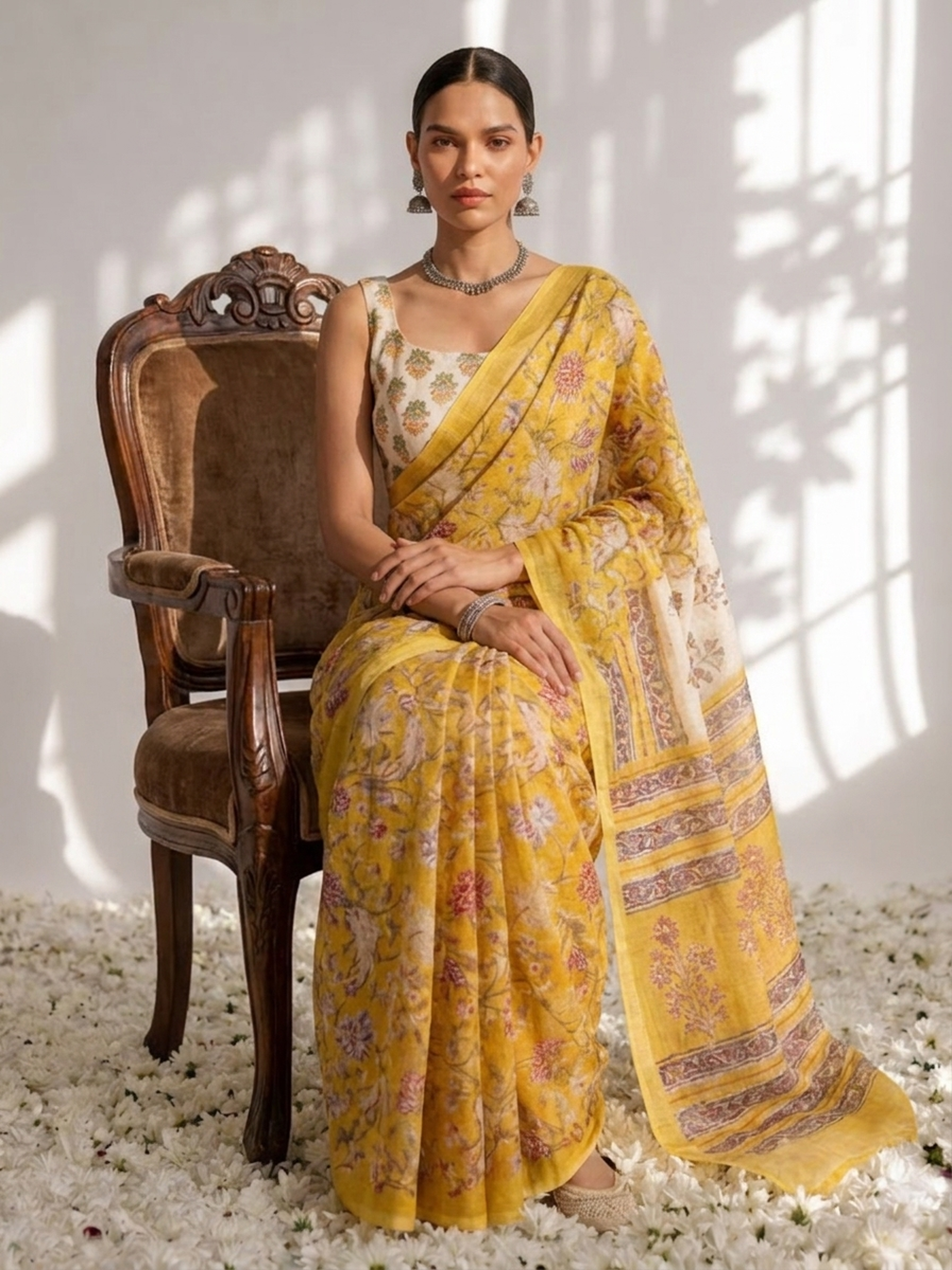 Yellow Pure Silk Chiffon Printed Saree with Blouse Fabric