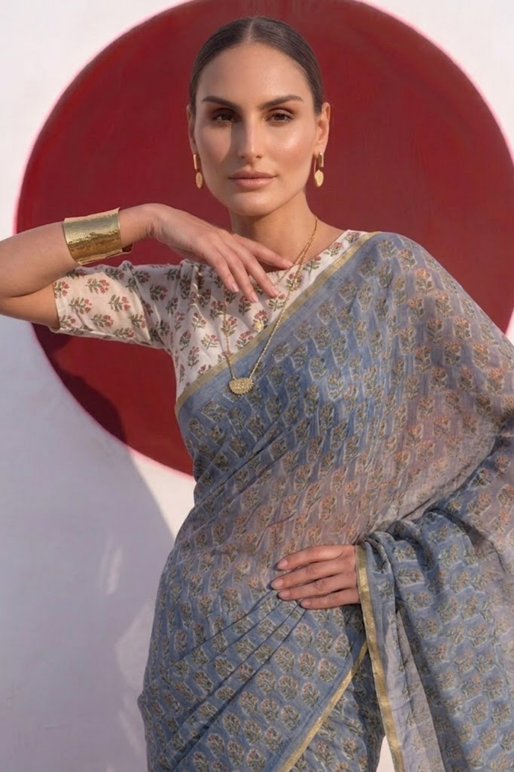 Blue Pure Silk Chiffon Printed Saree with Blouse Fabric