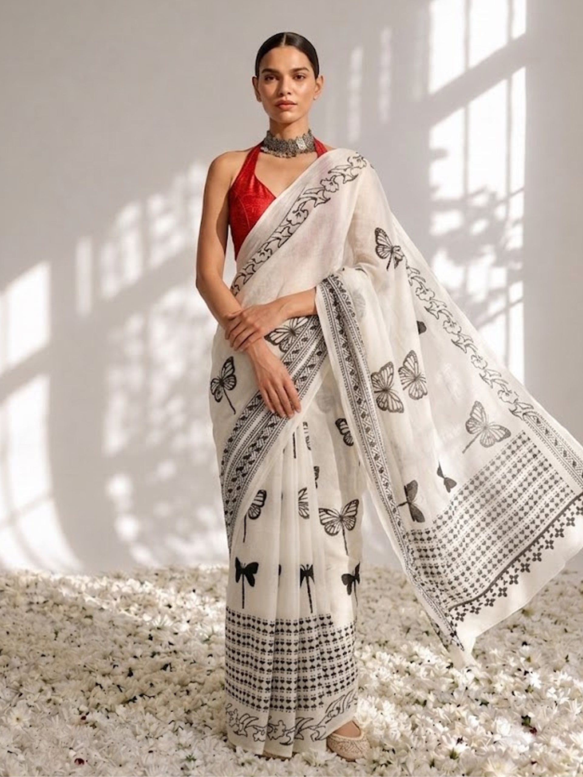 Butterfly White and Black Hand Block Cotton Saree with Red Printed Blouse