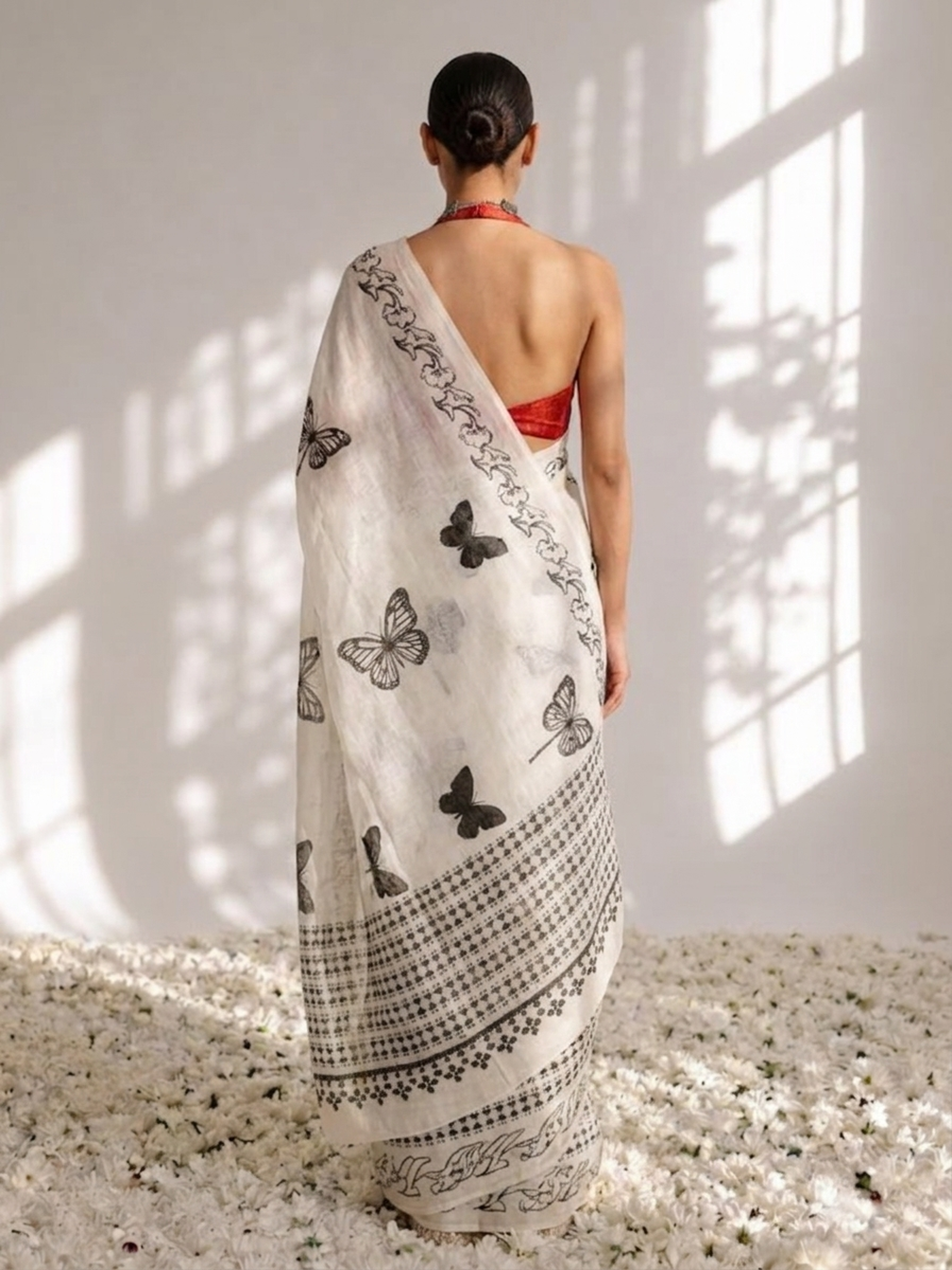 Butterfly White and Black Hand Block Cotton Saree with Red Printed Blouse