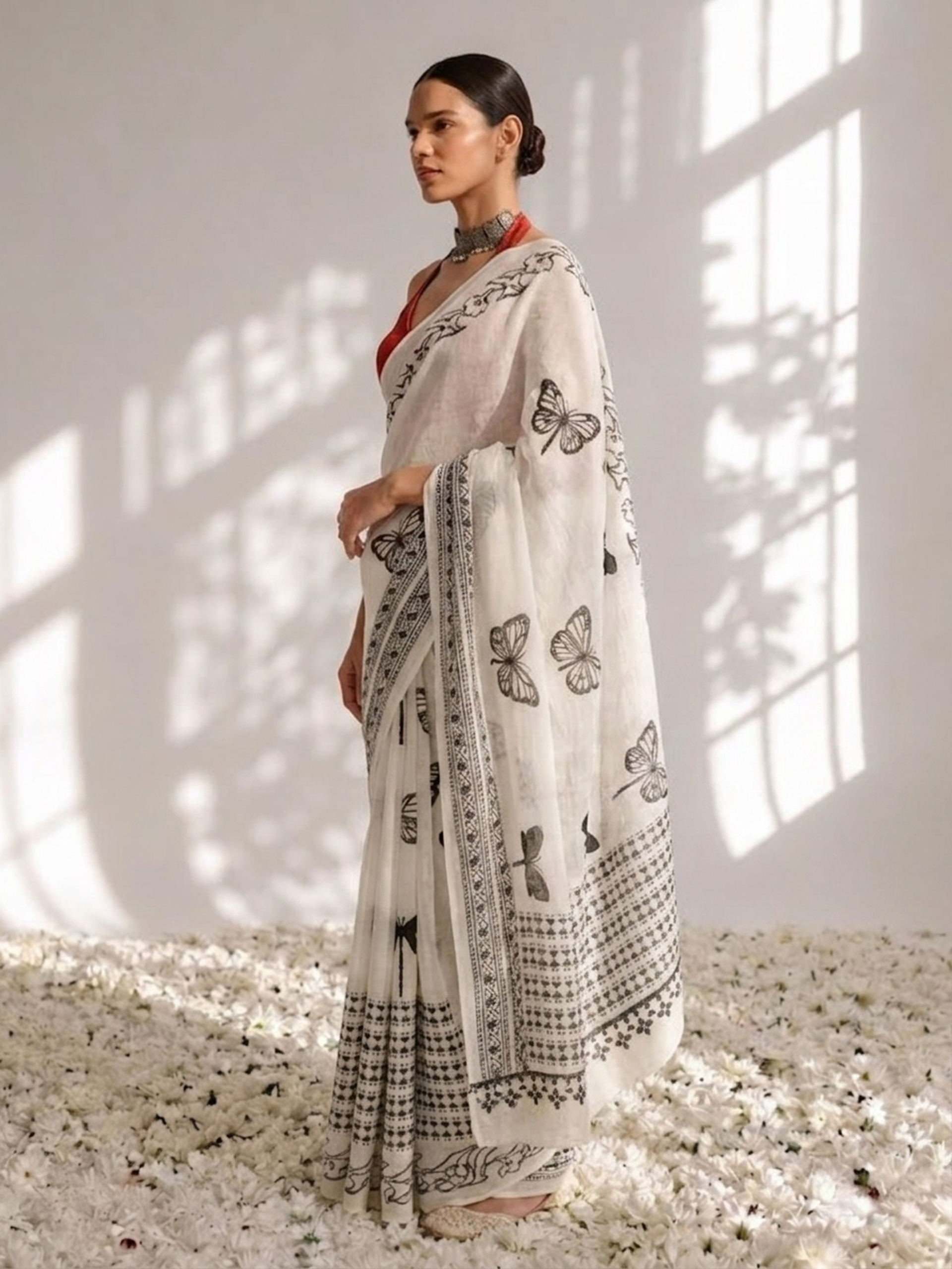Butterfly White and Black Hand Block Cotton Saree with Red Printed Blouse