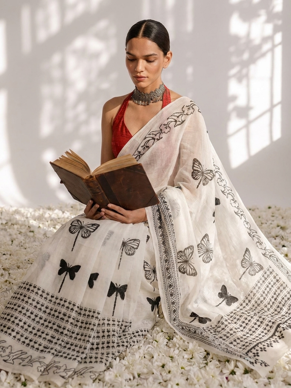 Butterfly White and Black Hand Block Cotton Saree with Red Printed Blouse