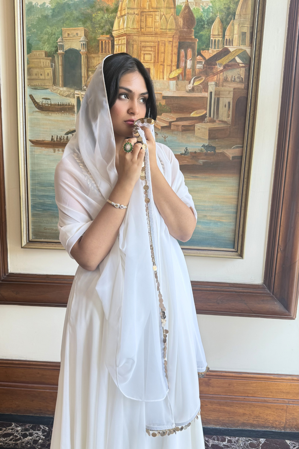 3 pc Suit Set - White Georgette Anarkali Suit with Glass Beads Neck with Pants and Dupatta