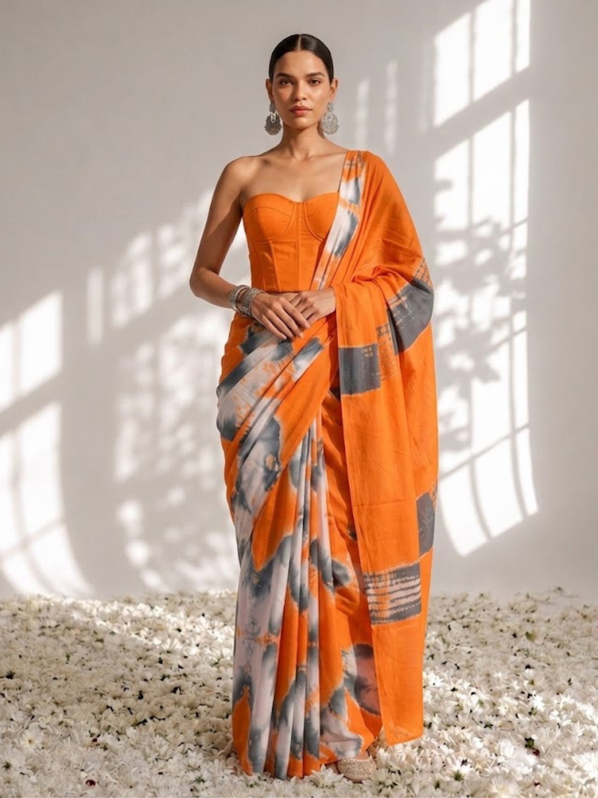 Orange and Grey Tie Dye Cotton Saree with Blouse fabric