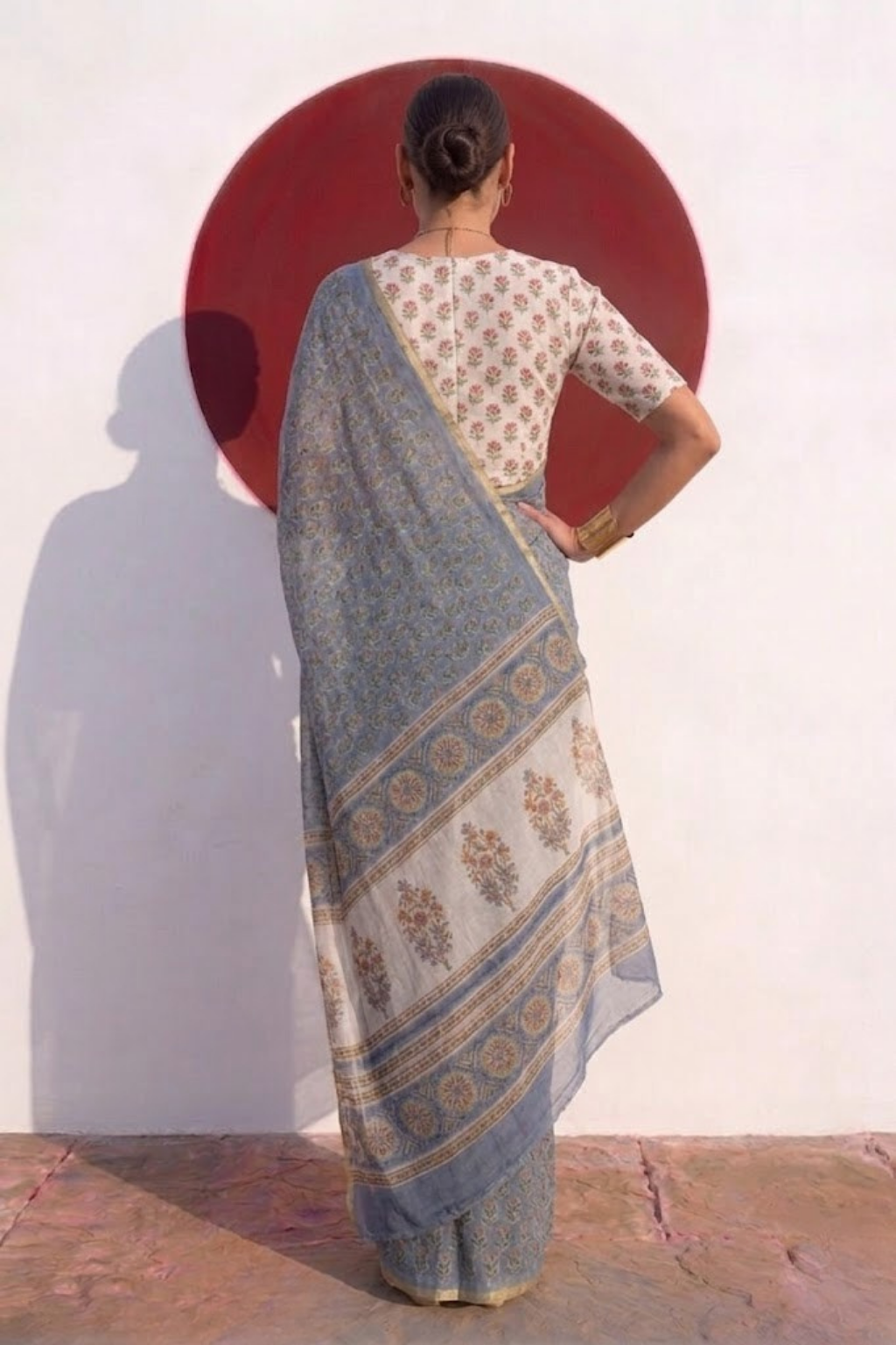 Blue Pure Silk Chiffon Printed Saree with Blouse Fabric