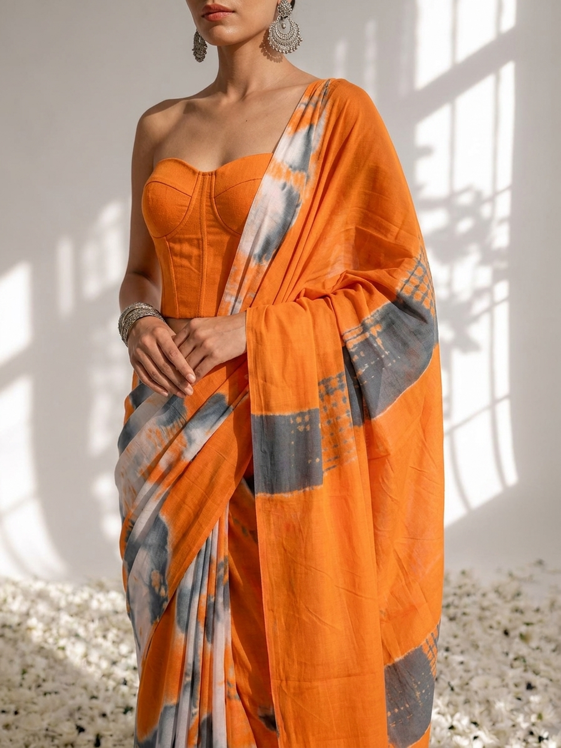 Orange and Grey Tie Dye Cotton Saree with Blouse fabric