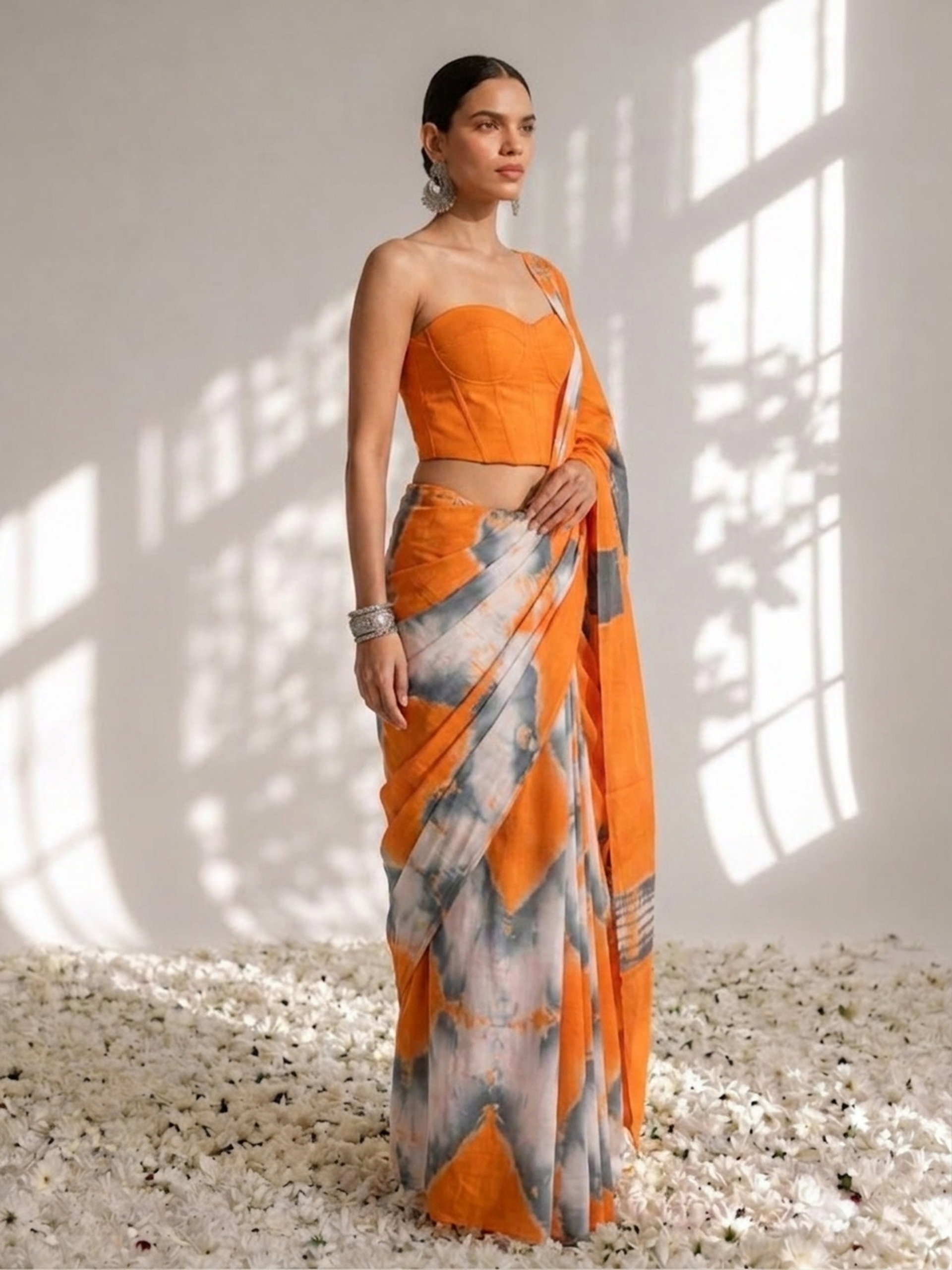 Orange and Grey Tie Dye Cotton Saree with Blouse fabric