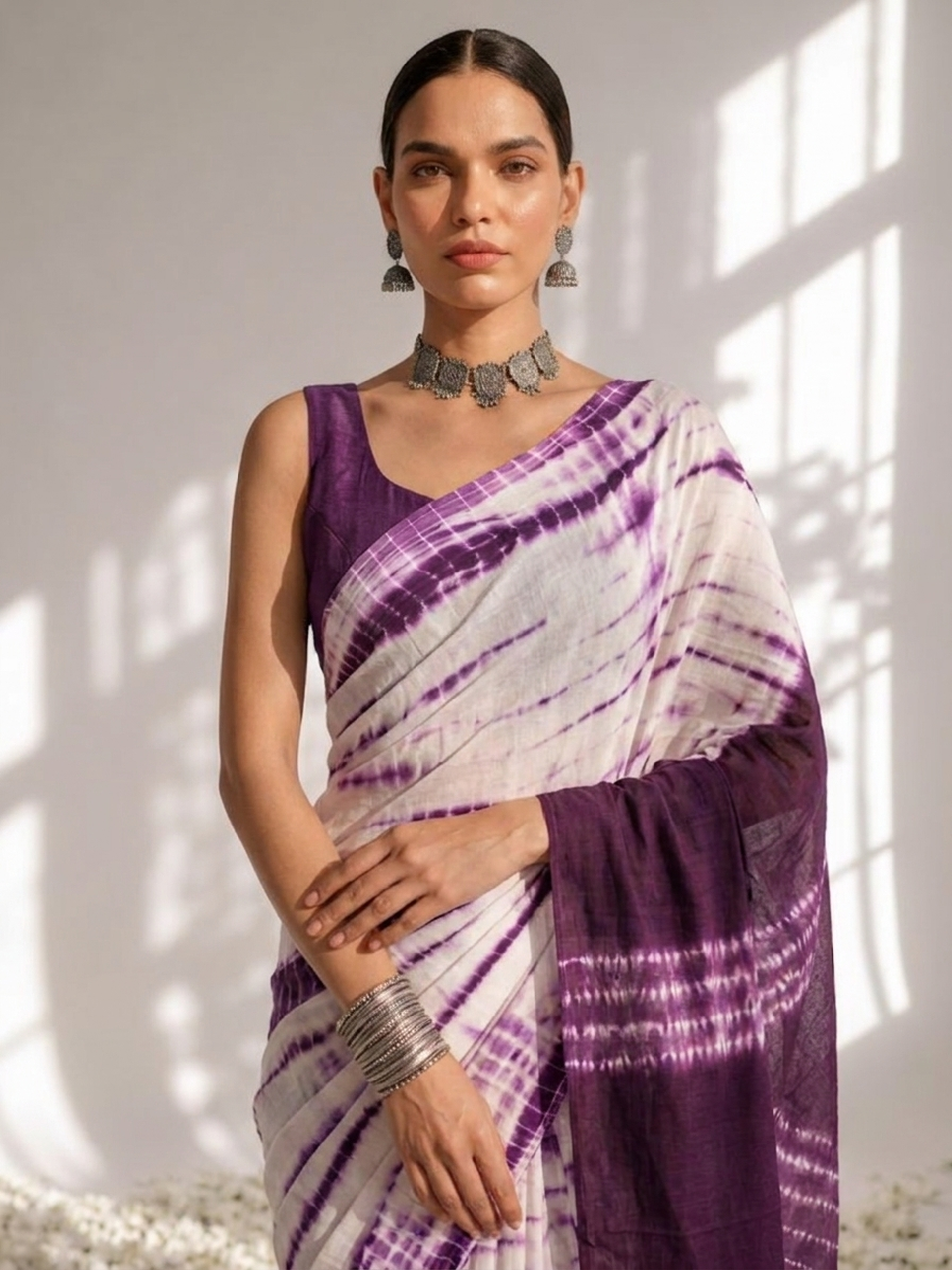 Chocolate and Purple Tie Dye Stripes Cotton Saree with Blouse fabric