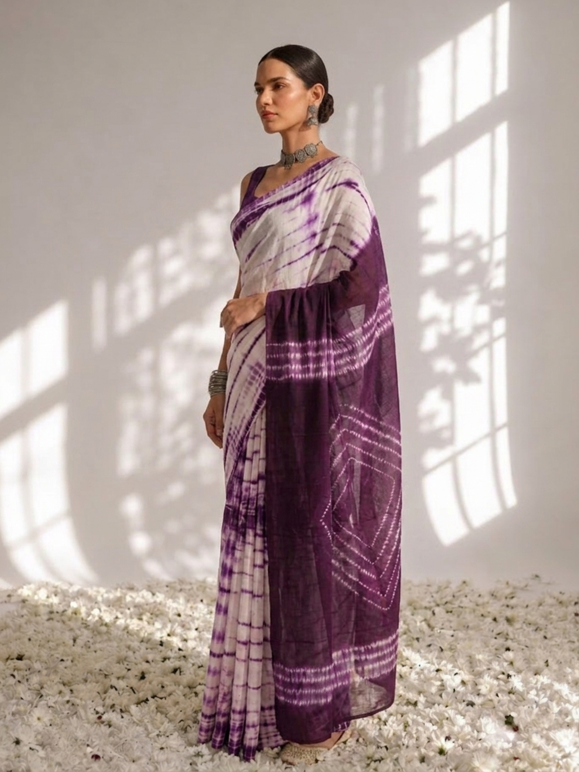 Chocolate and Purple Tie Dye Stripes Cotton Saree with Blouse fabric