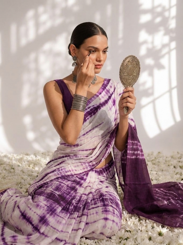 Chocolate and Purple Tie Dye Stripes Cotton Saree with Blouse fabric