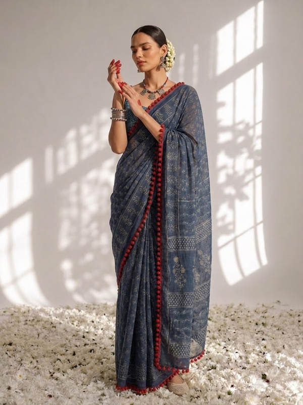 Indigo Hand Block Printed Saree with Red Lace and Blouse Fabric