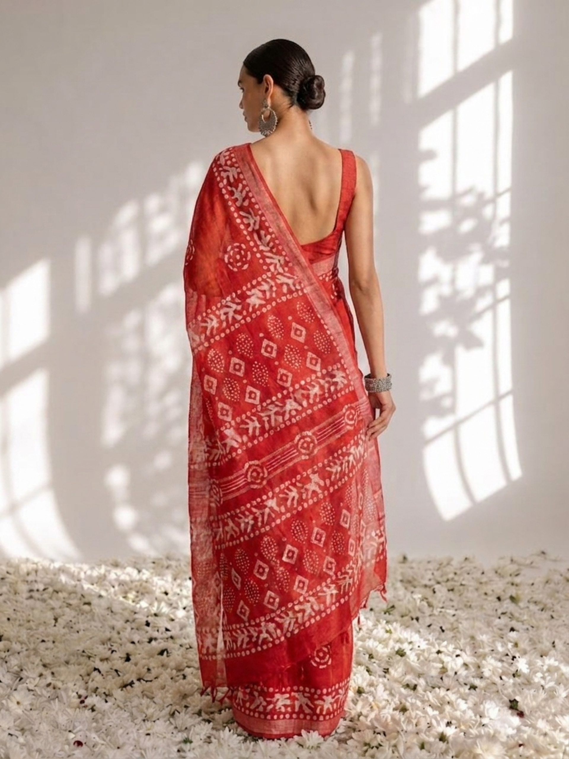 Red Hand Block Printed Soft Cotton Saree with Blouse Fabric