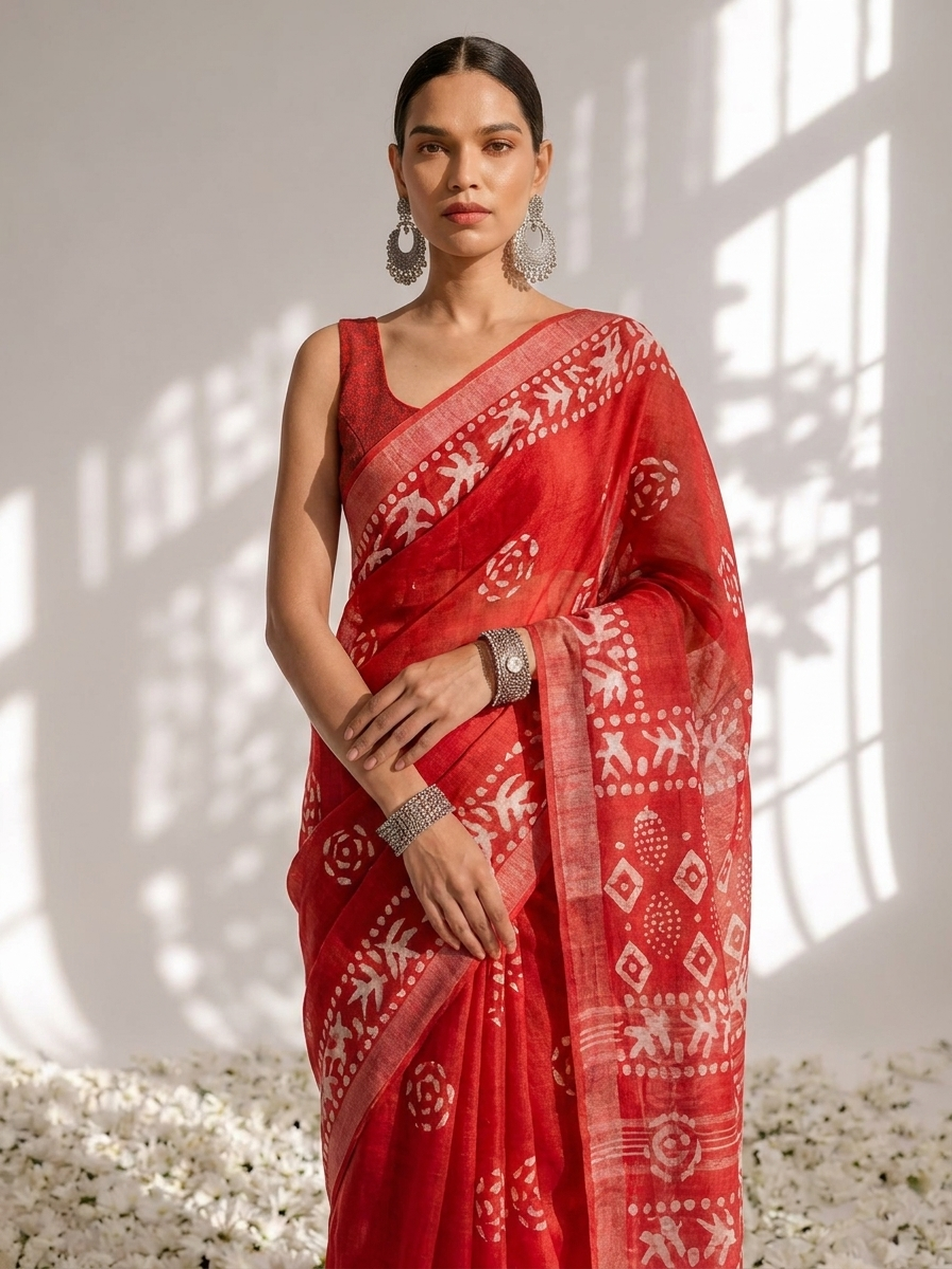 Red Hand Block Printed Soft Cotton Saree with Blouse Fabric