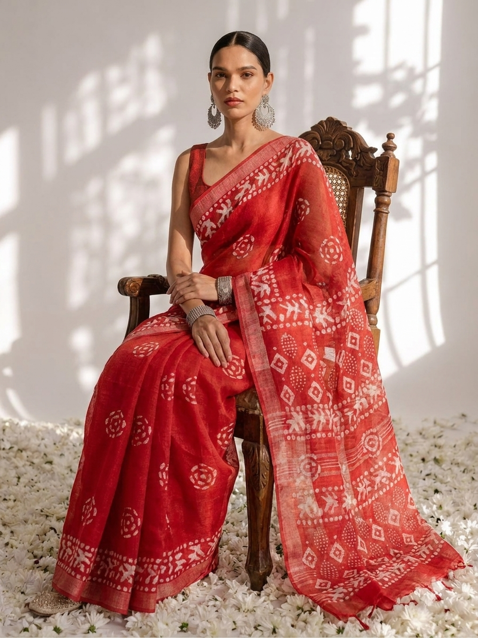 Red Hand Block Printed Soft Cotton Saree with Blouse Fabric