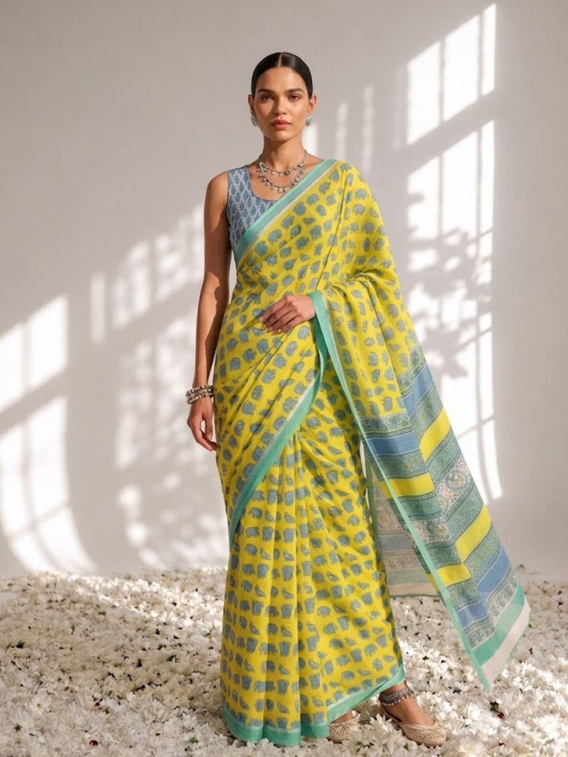Elephant Yellow Hand Block Cotton Saree with Green Border and Blue Blouse