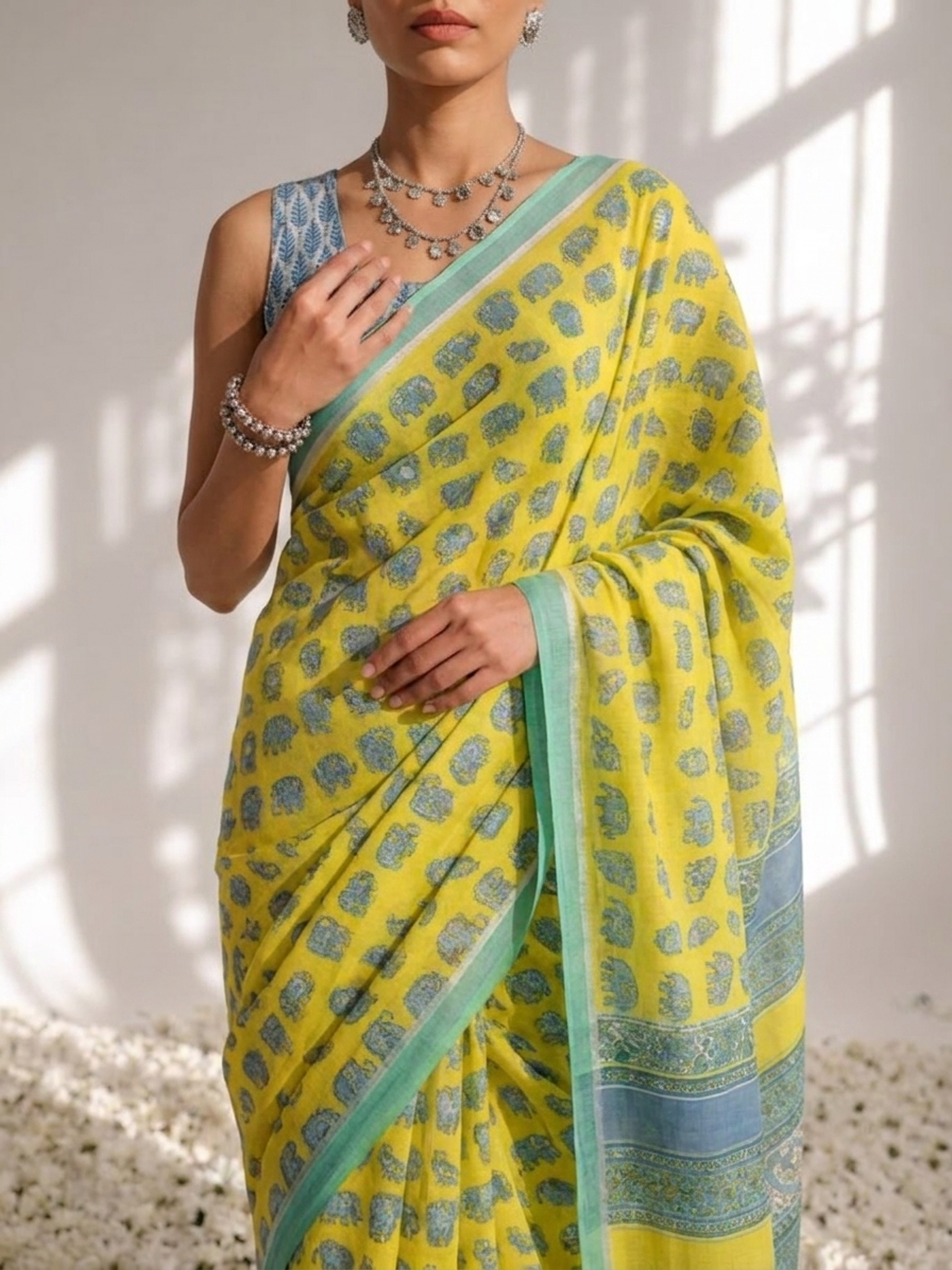Elephant Yellow Hand Block Cotton Saree with Green Border and Blue Blouse