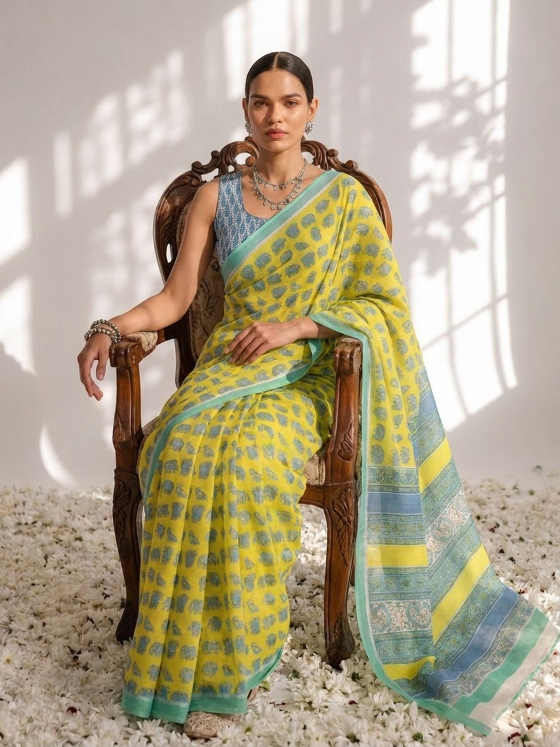 Elephant Yellow Hand Block Cotton Saree with Green Border and Blue Blouse
