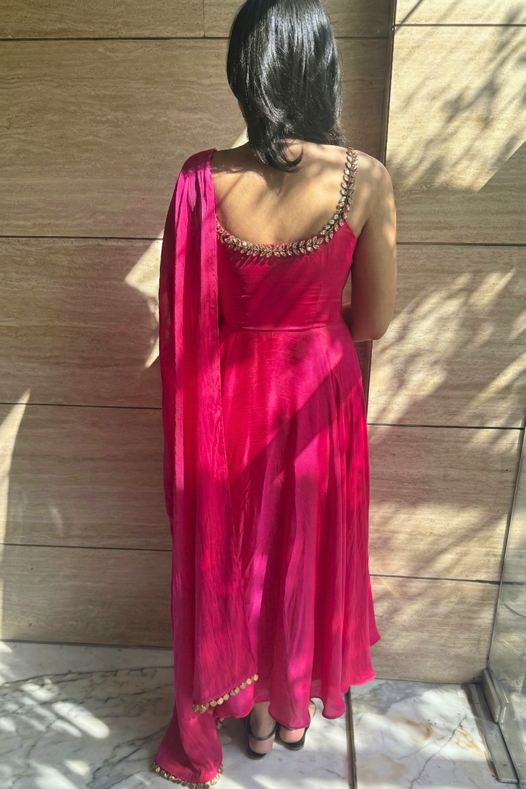 3 pc Suit Set - Fuschia Dual Shade Satin Anarkali Suit with Glass Beads Neck with Pants and Dupatta