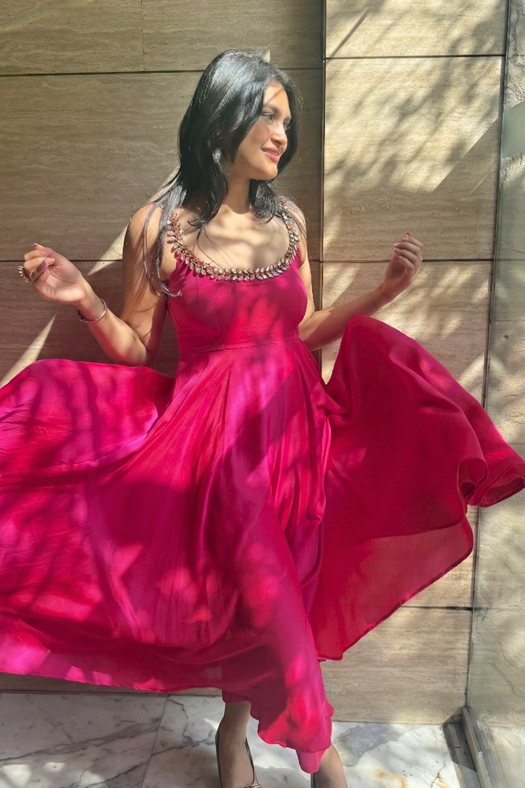 3 pc Suit Set - Fuschia Dual Shade Satin Anarkali Suit with Glass Beads Neck with Pants and Dupatta