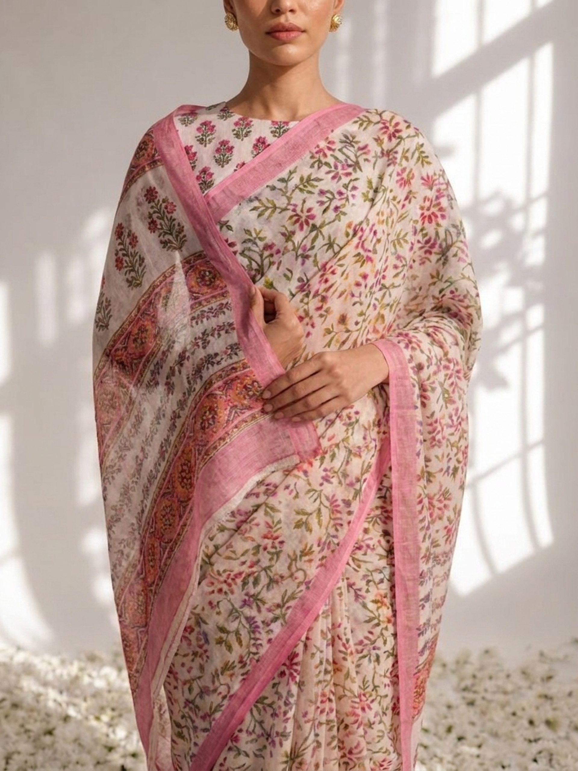 Pink Pure Silk Chiffon Printed Saree with Blouse Fabric