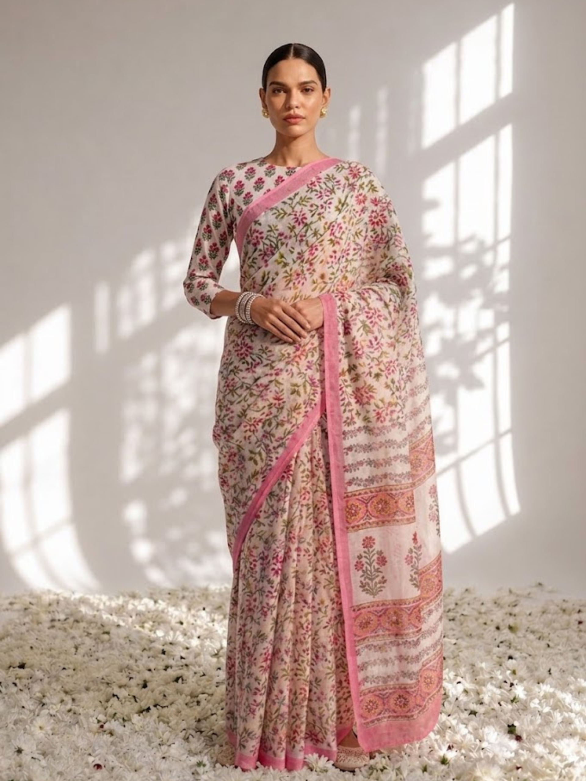 Pink Pure Silk Chiffon Printed Saree with Blouse Fabric